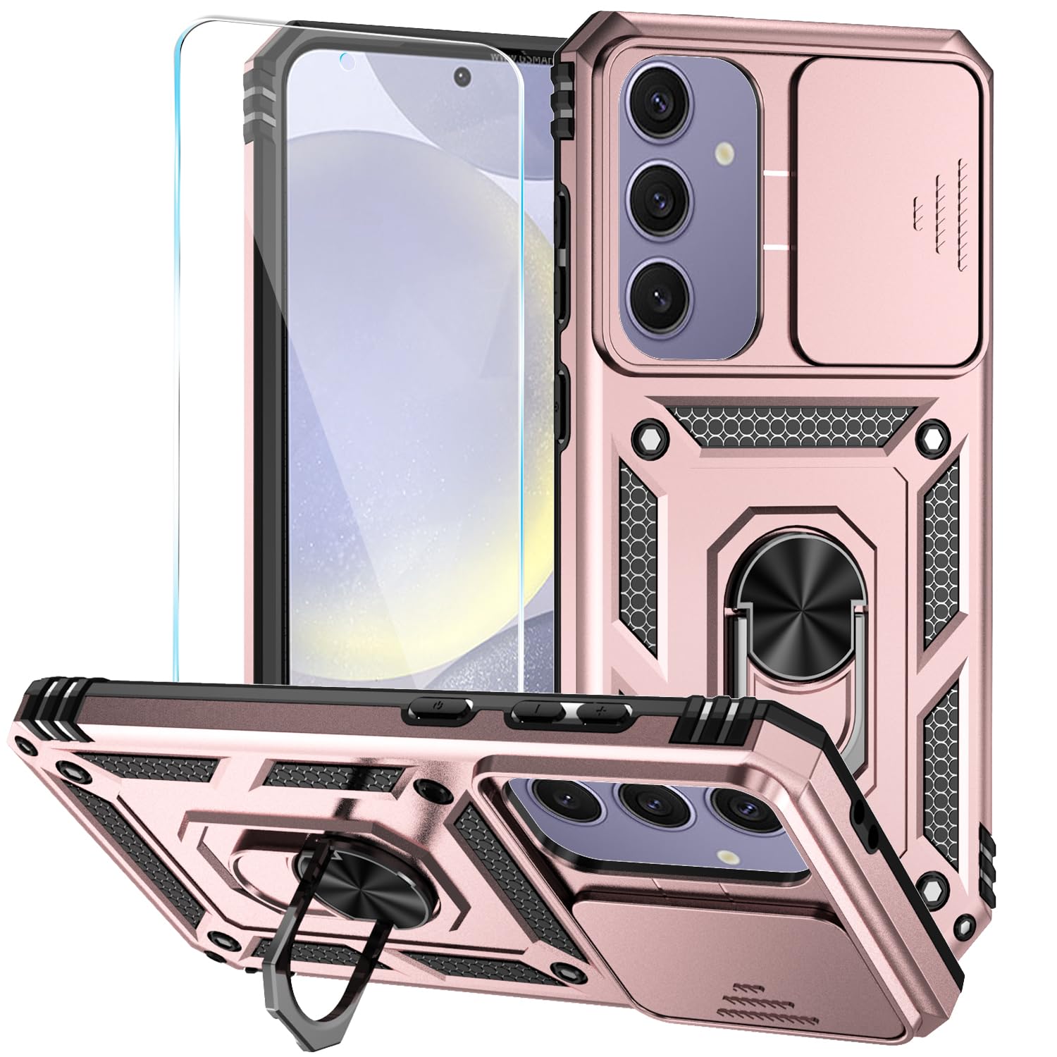 SunStory Custodia per Samsung Galaxy S24 FE 5G con pellicola protettiva per schermo HD, copertura per fotocamera scorrevole e cavalletto ad anello ruotato, custodia per telefono [di grado militare]