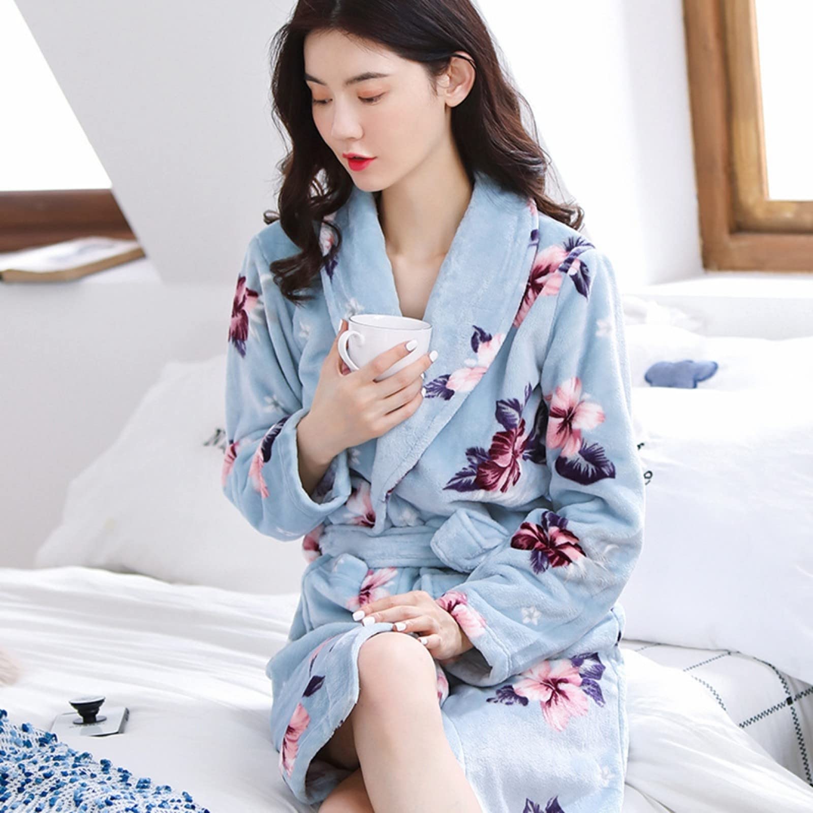 Peignoir d'hiver,Les Dames À La Mode Robe D’Hiver Chaud Corail Toison De Bain Pyjamas À La Maison Porter Confortable Kimono Hôtel Peignoir avec Imprimé Mignon Bleu Fille Sexy