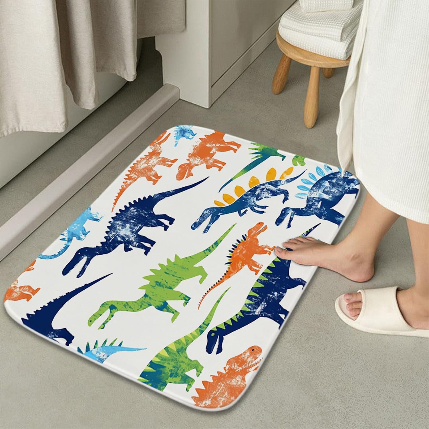 Colorful Cartoon Jurassic Dinosaur Bathroom Rugs Bath Mats Sets 3 Piece, Imitation Cashmere Kids Dino Bath Mat, Memory Foam U-Shaped Contour Shower Mat Non Slip Absorbent, Velvet Washable 20 x 31 inch