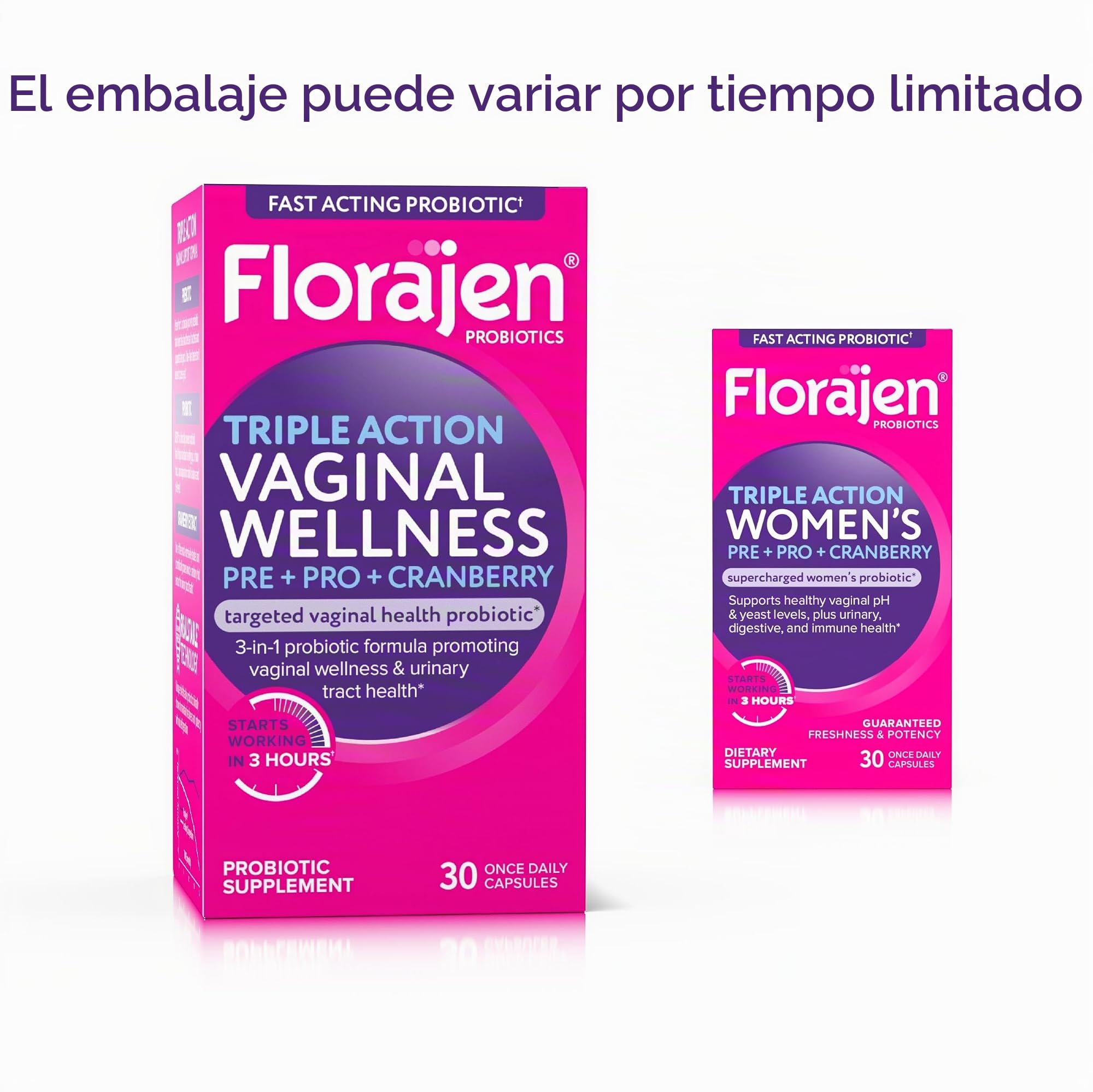 Florajen Probiótico de triple acción para mujer, prebiótico + probiótico + arándano para apoyo vaginal, digestivo e inmunológico, acción rápida, estudiado clínicamente, sin gluten y vegano, (30