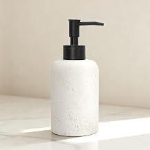 13.5 oz Bathroom & Kitchen Countertop Soap Dispenser, Travertine-Look Durable Resin Bottle with ABS Pump White
