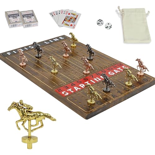 HOROW Horse Racing Game - Wooden Horse Race Board Game with 11 Luxury Metal Horses 2 Dice and 2 Cards，for Kentucky Derby and Party - Perfect Birthday&Holiday Gifts