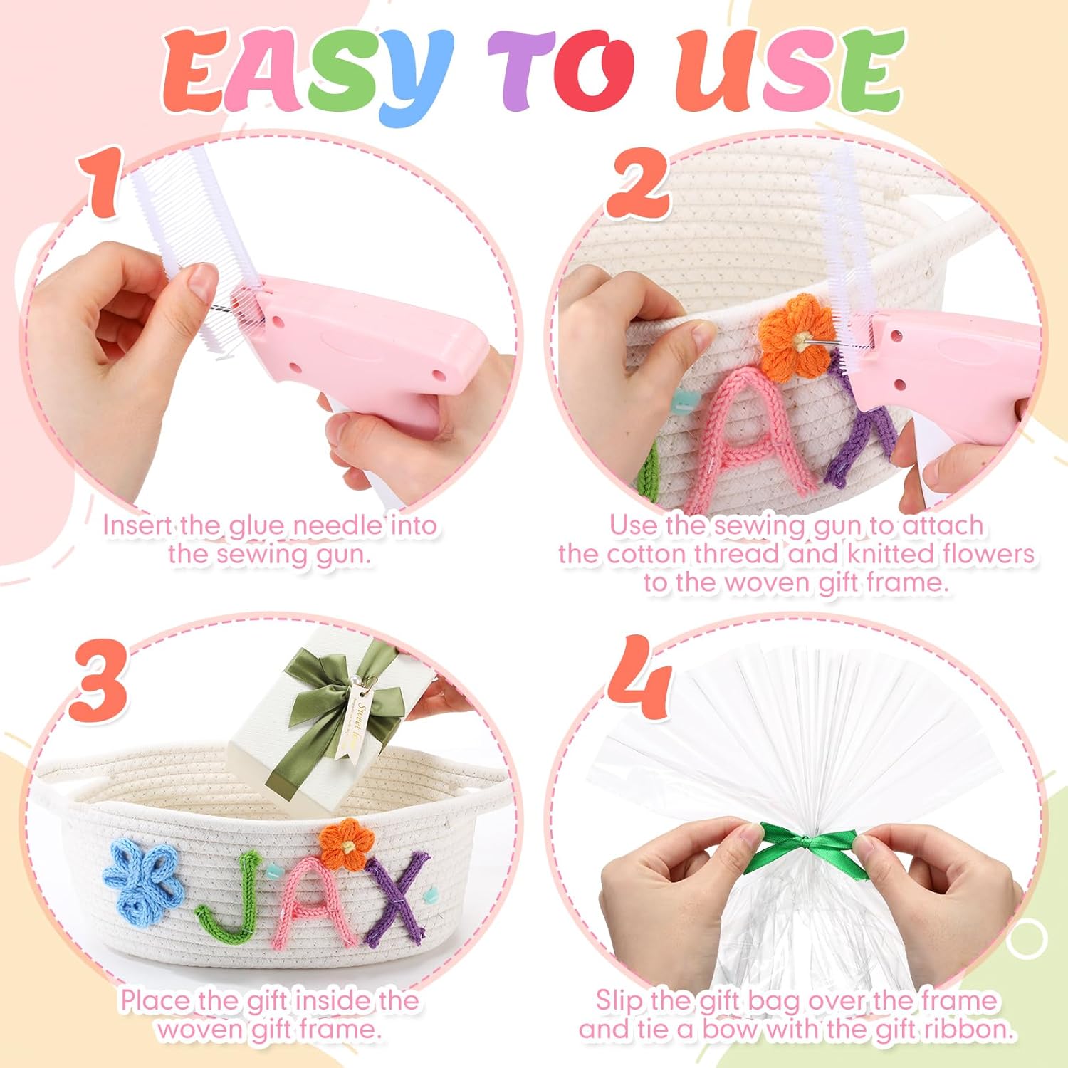 LemonRoad 6 Sets Small Woven Easter Basket DIY Rope Baskets for Gifts Empty 12"x 8"x 5" with Bags, Ribbons, Sewing Machine, Crochet, Dog Cat Baby Toy Nursery Storage Bins Empty Gift Chest Box