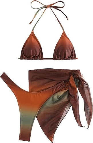 Three 3 Piece Swimsuits Triangle Bikini Set with Mesh Cover Up Beach Skirt