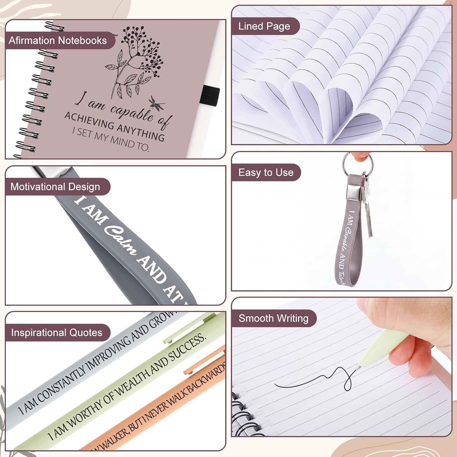 Funrous 36 Pcs/12 Set Positive Motivational Gift Set for Women Mothers Day Bulk Gratitude Spiral Journals Notebooks Affirmation Pens Keychains for Teacher Coworker Nurse Adult Party Favors (Simple) image 3