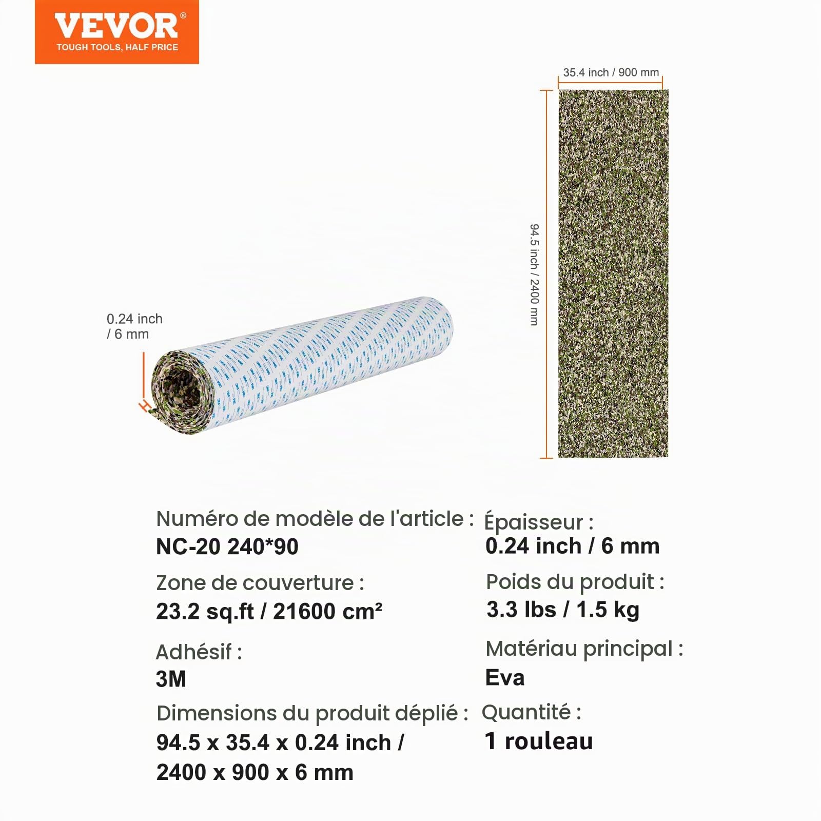 VEVOR Revêtement de sol pour bateau en mousse EVA 2400 x 900 mm plancher de revêtement de sol autocollant antidérapant, 21 600 cm², tapis marin pour bateaux, yachts, pontons, terrasses de kayak