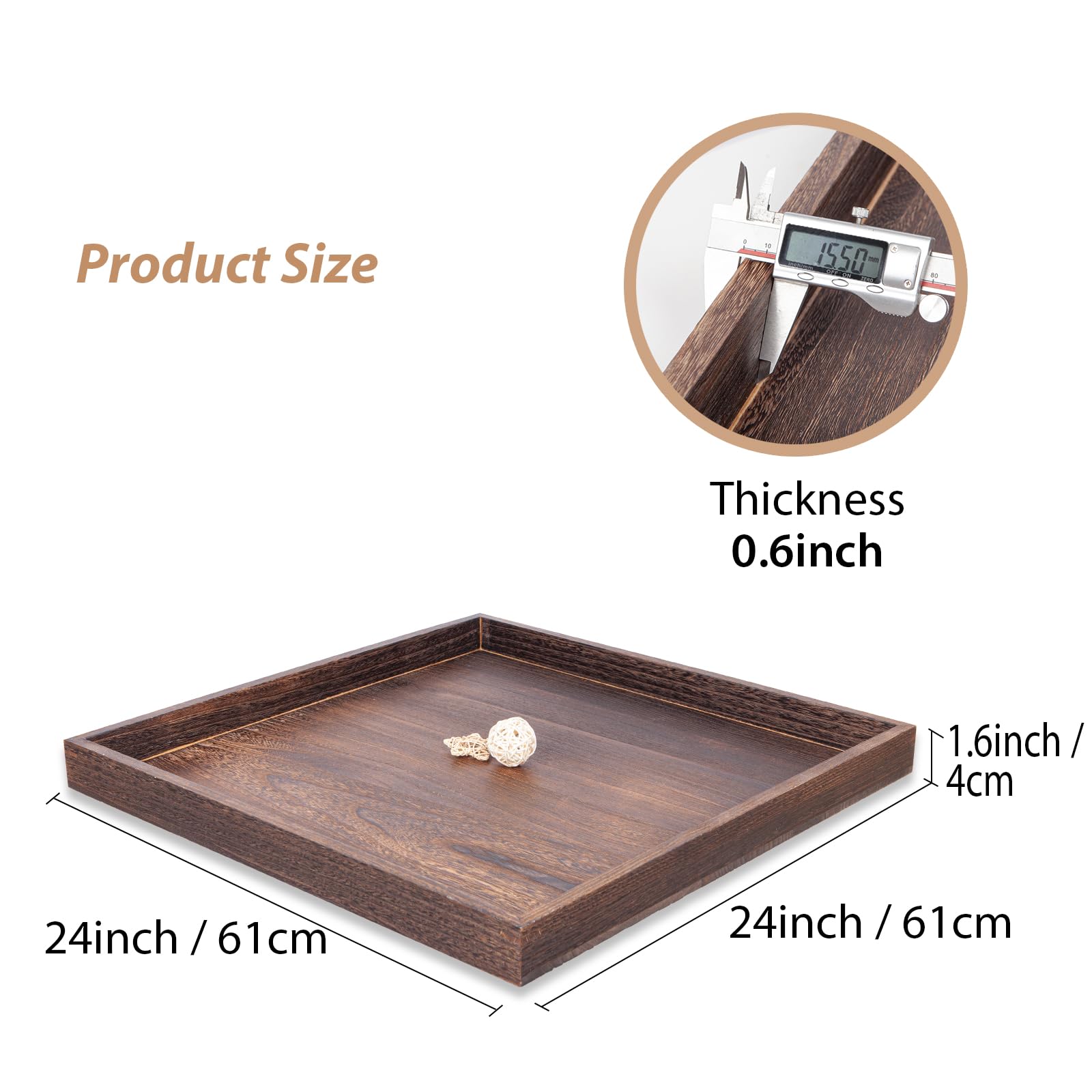 Bandeja de madera otomana para mesa de café para sala de estar, bandeja grande cuadrada de 24 x 24 pulgadas, color marrón rústico