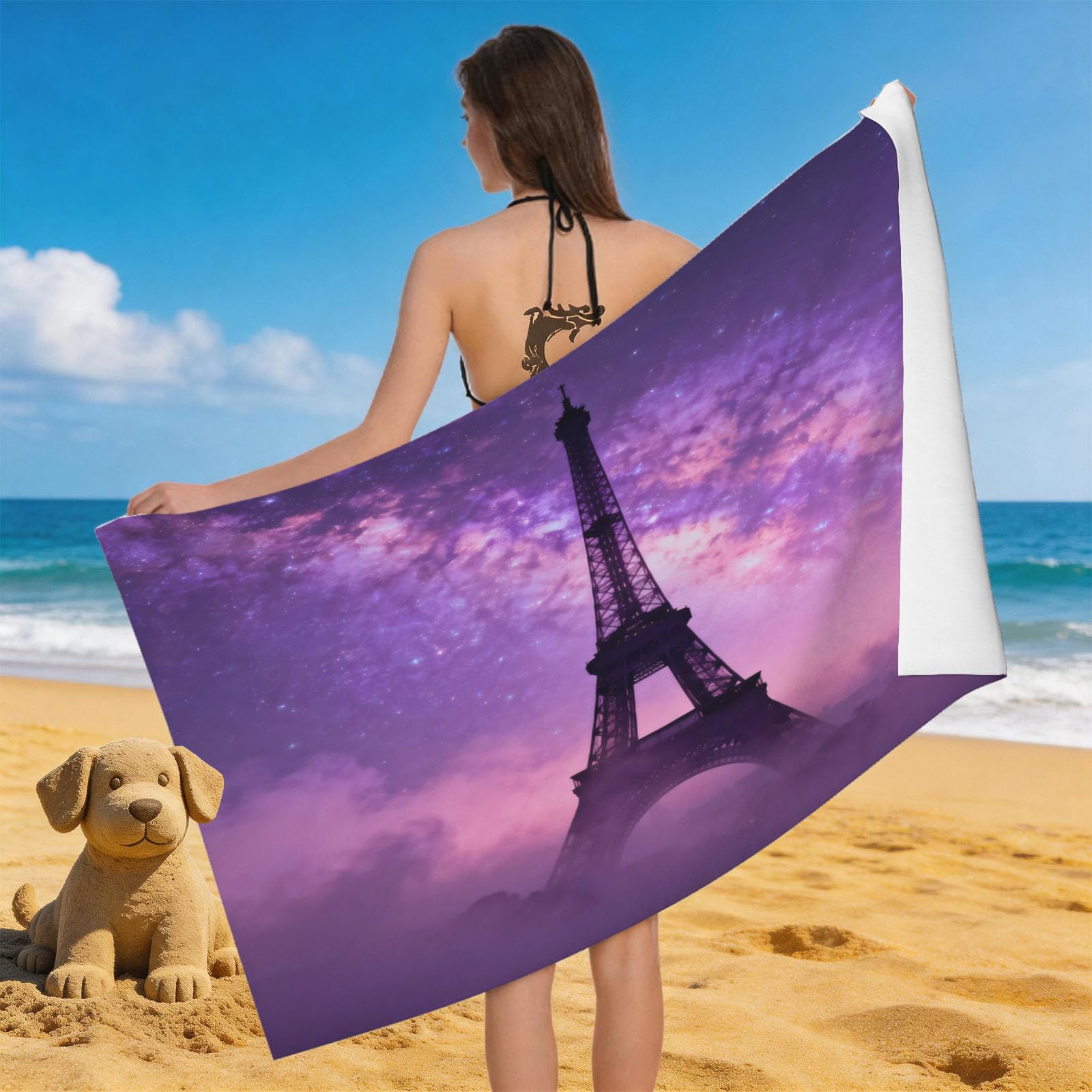 Leichong 3D Eiffel Tower Beach Towel Microfiber Soft Quick Dry for Adults, Romantic Theme Bath Towel Lightweight Soft Absorbent for Travel Swimming Pool Sports, 75 x 150 cm