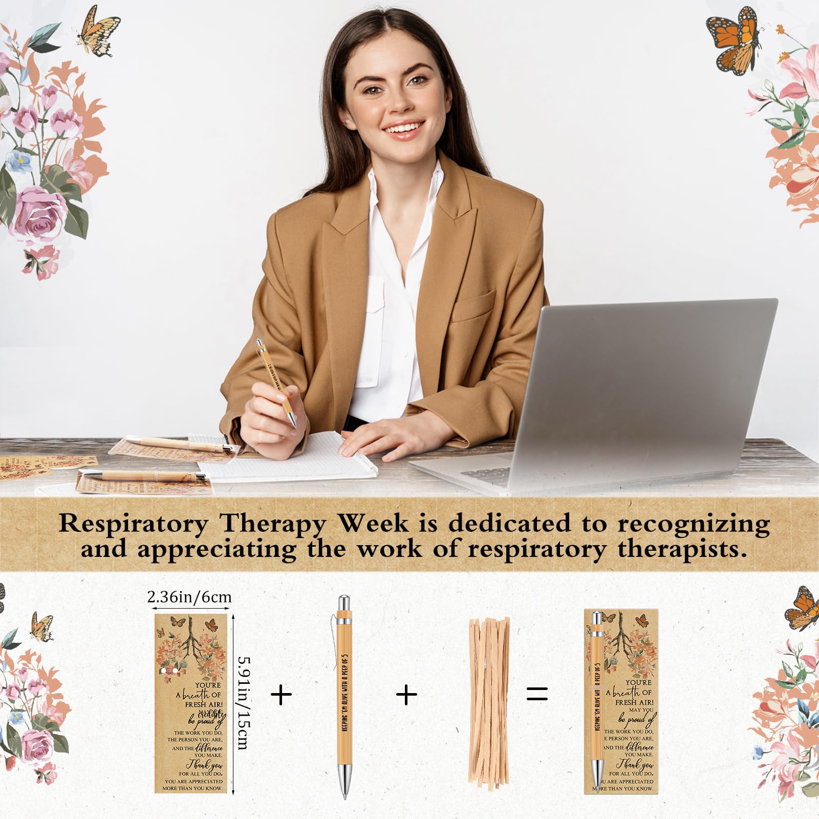 Gersoniel 20 Sets Respiratory Therapist Gifts Bulk Nurse Week Gifts Retractable Bamboo Ballpoints with Appreciation Bookmark Card Thank You Pen for Rt Nurse Nursing Doctor Graduation Staff Office
