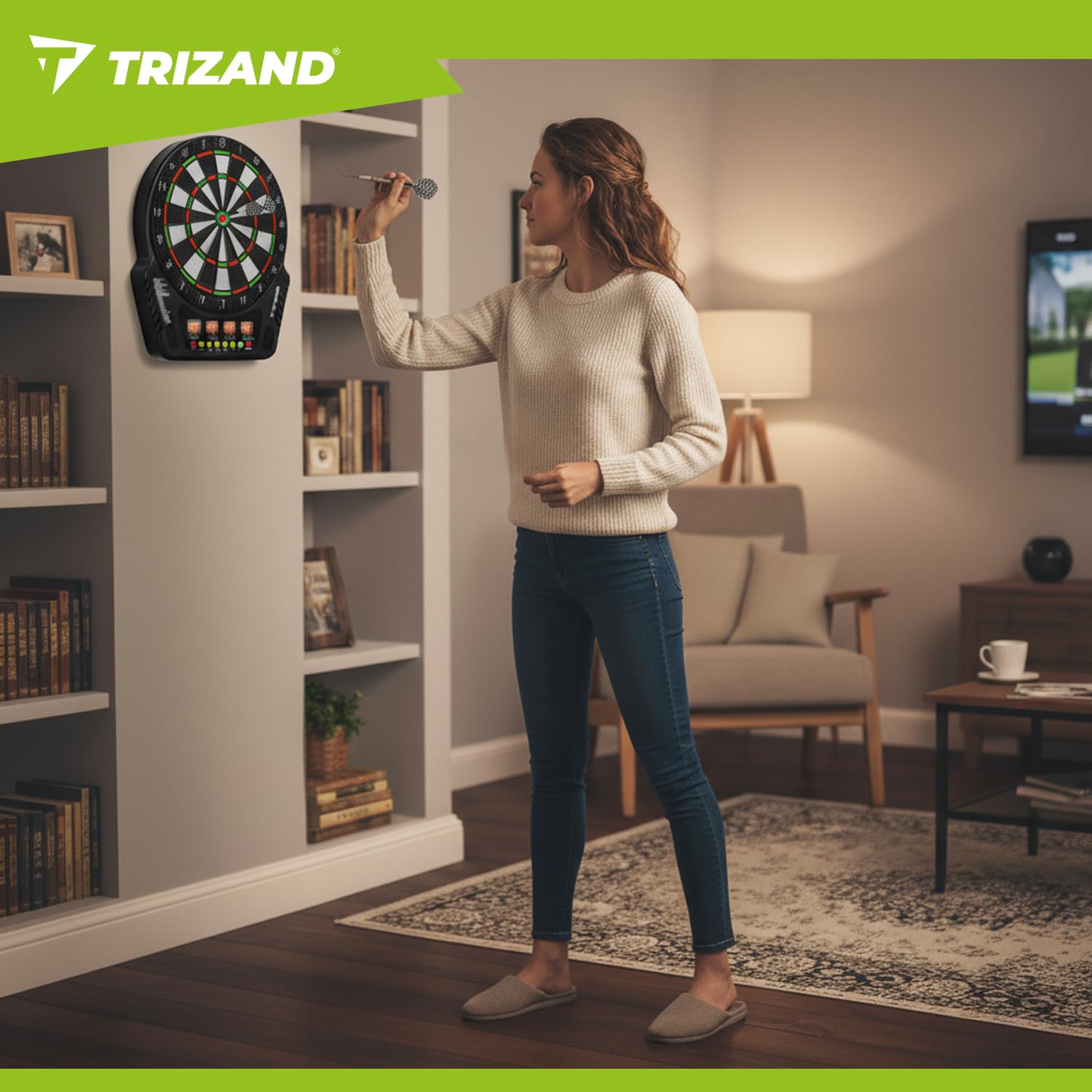Diana electrónica TRIZAND – 27 juegos, 243 modos – 1 – 16 jugadores – 4 pantallas LCD – Volumen 8 niveles – Juego de puntas suaves: 6 dardos + 24 puntas de repuesto – Red y pilas – Montaje en pared