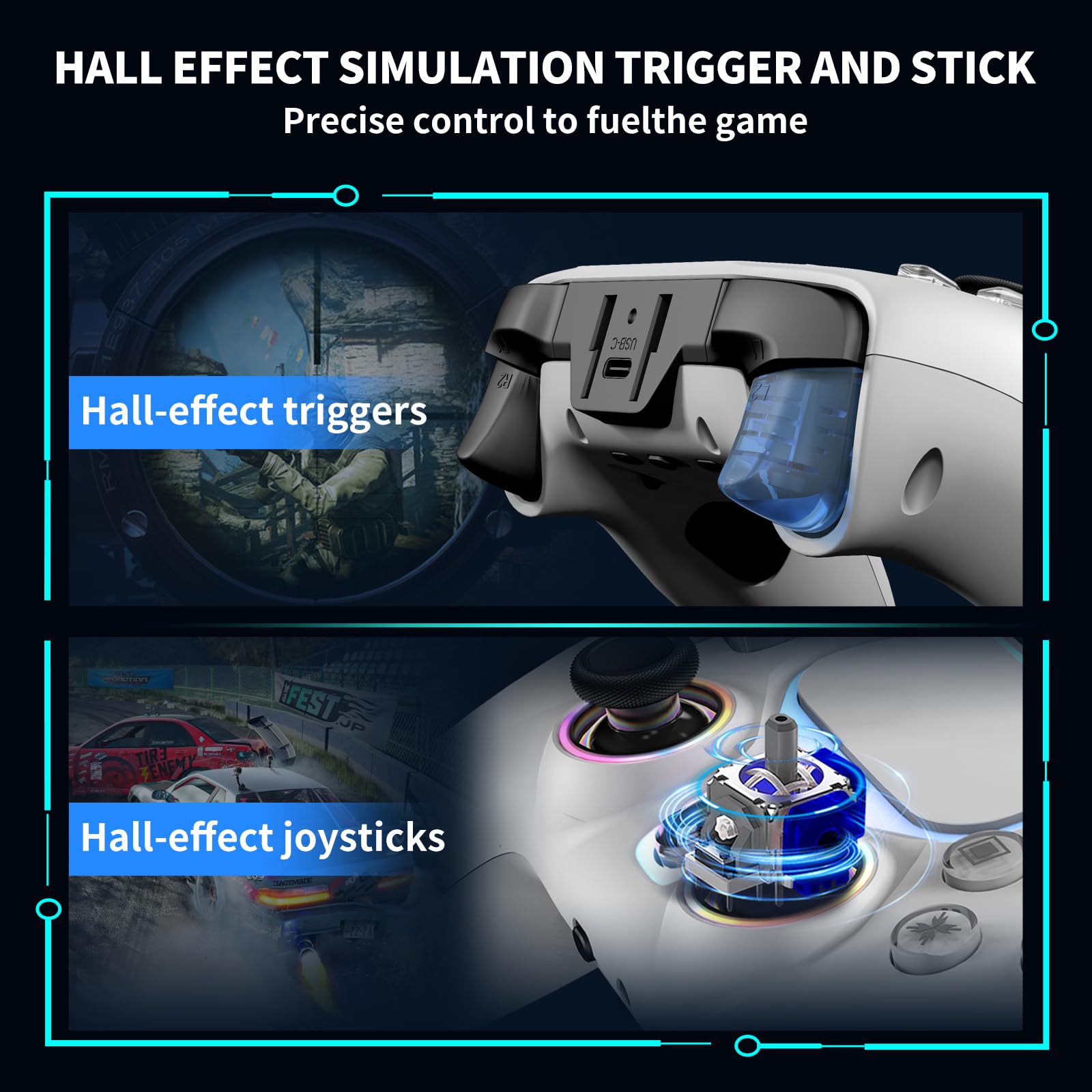 Wireless Controller for PS5, Compatible with PlayStation 5 /PS5 Pro/Slim/PC, with Hall Effect Joysticks, Back Paddles & Macro, Turbo, Dual Vibration, 6-Axis Gyro, RGB Ring, 1000mAh, 3.5mm Audio Jack