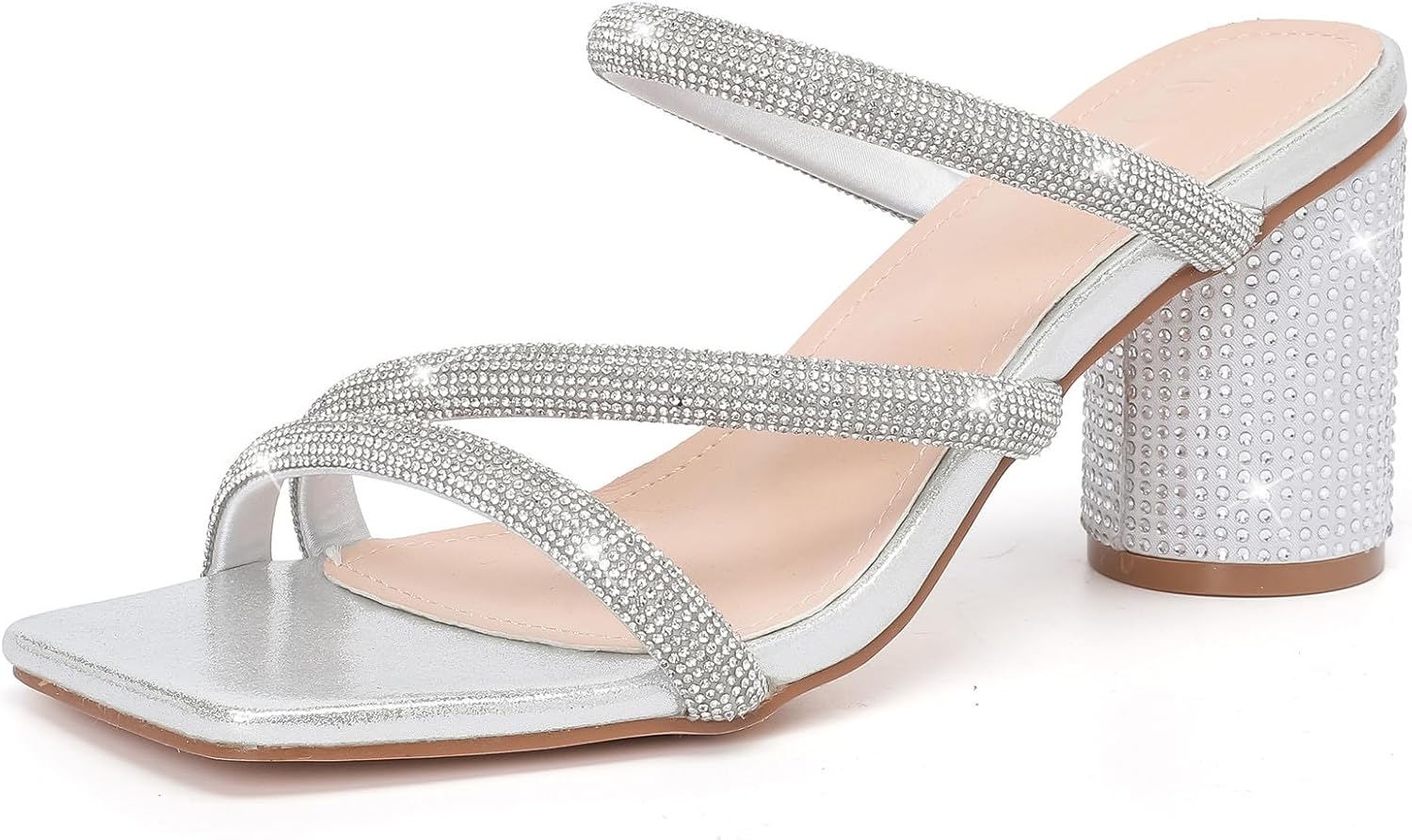 DADAWEN Women's Rhinestone Heeled Sandals Square Toe Strappy Chunky Block Heels for Women Comfortable Wedding Party Dress Pumps Shoes