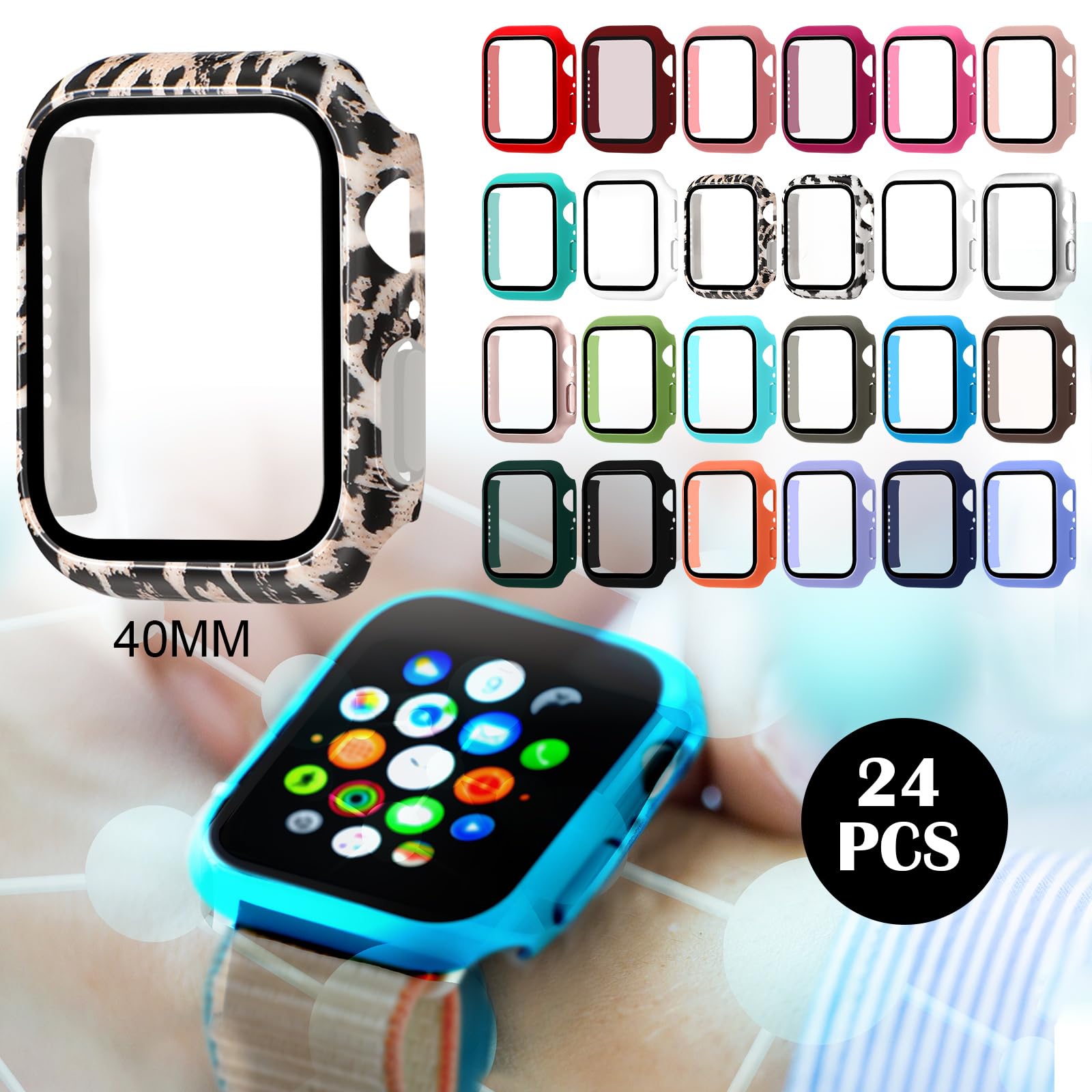 Sieral Lot de 24 protections d'écran pour montre intelligente - Coque rigide en polycarbonate avec coque de protection d'écran en verre trempé compatible avec iWatch pour homme et femme - Couleurs