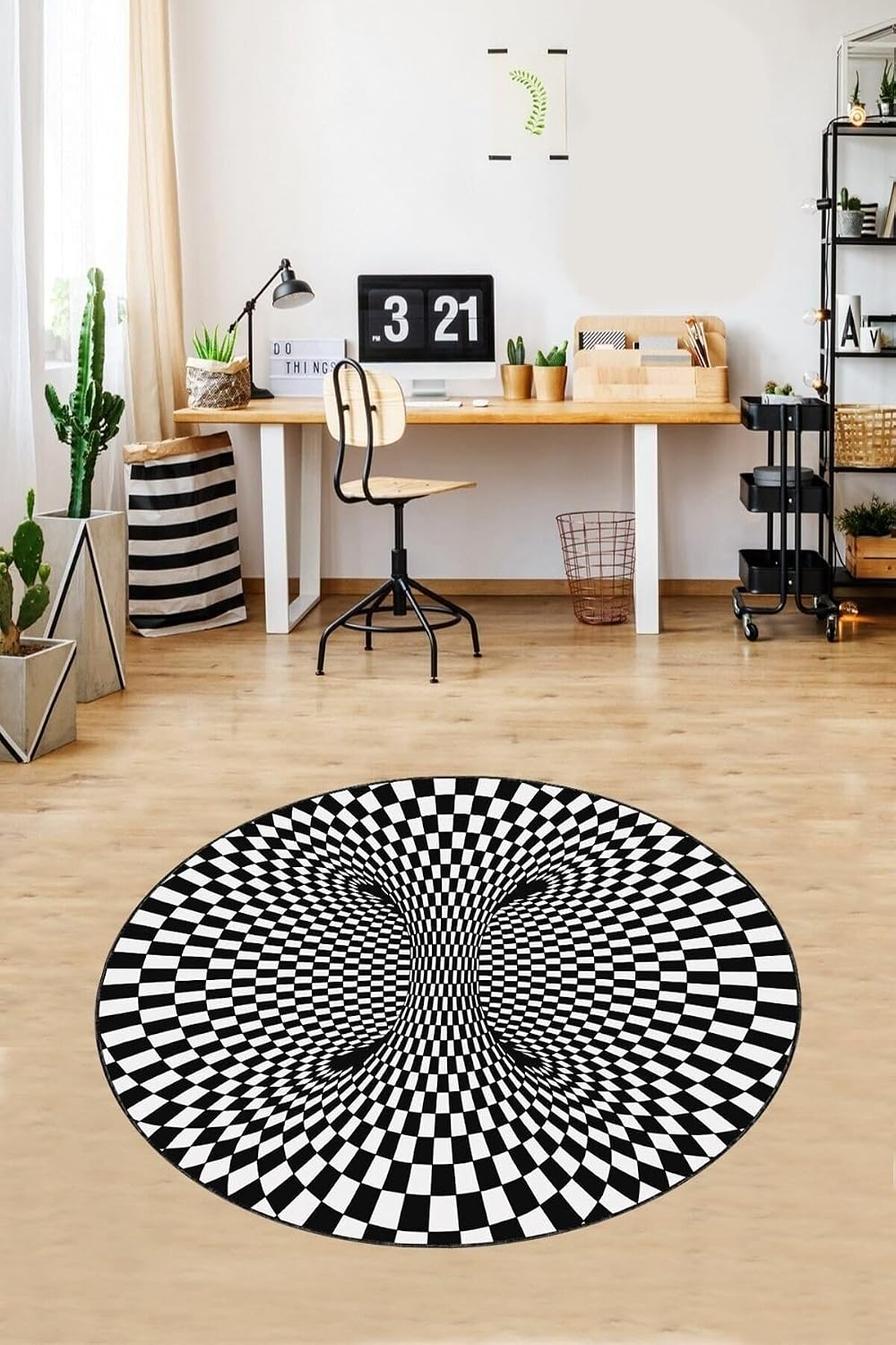 Pelangi Geometrik 3 Boyutlu Desenli Dijital Baskı Yıkanabilir Kaymaz Taban Spor Yuvarlak Halı, Siyah-Beyaz 140 x 140, 9998004414014005