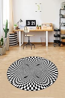 Pelangi Geometrik 3 Boyutlu Desenli Dijital Baskı Yıkanabilir Kaymaz Taban Spor Yuvarlak Halı, Siyah-Beyaz 140 x 140, 9998004414014005