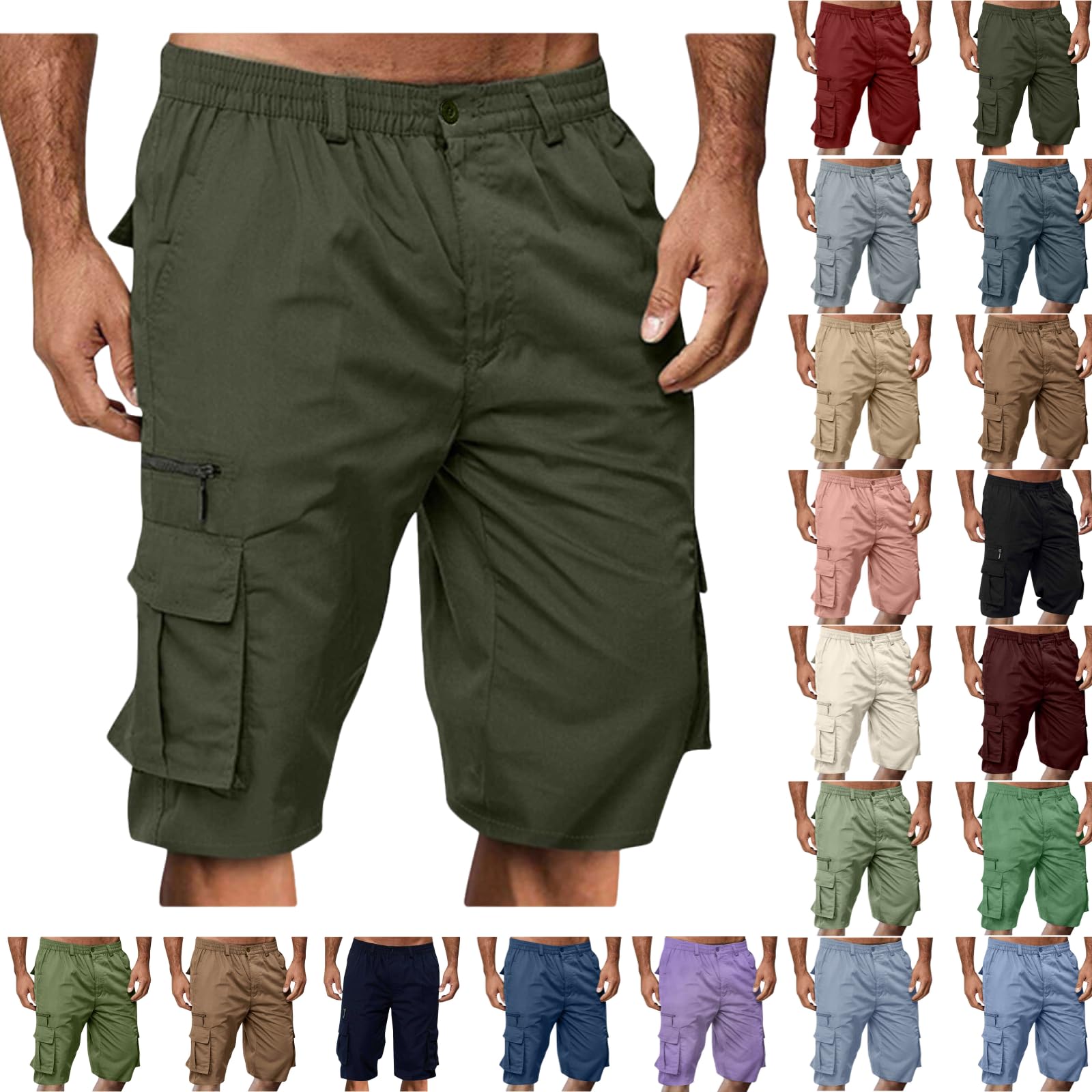 Cargo Shorts for Men,Summer Casual Elastic Waist Big Tall Baggy Shorts Lightweight Hiking Short with Multi Pockets