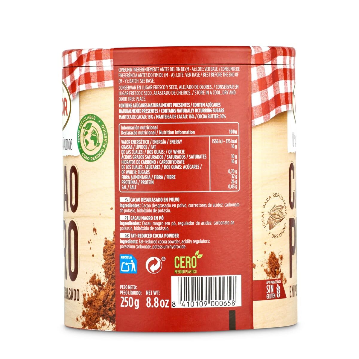 Valor Cacao puro soluble en polvo desgrasado 0% Azúcares añadidos Sin gluten 250 Gramos