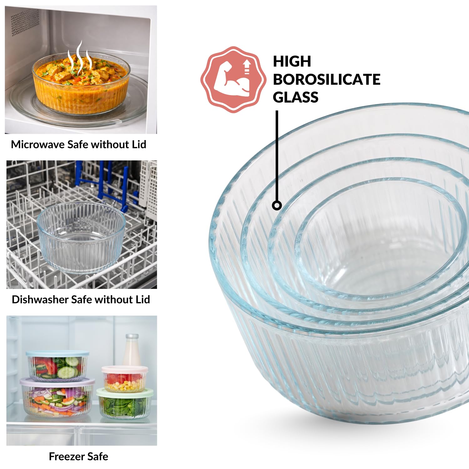 Nestasia Juego de 4 recipientes de vidrio para almacenamiento de alimentos con tapa, aptos para microondas, herméticos, para almacenamiento de alimentos, sobras