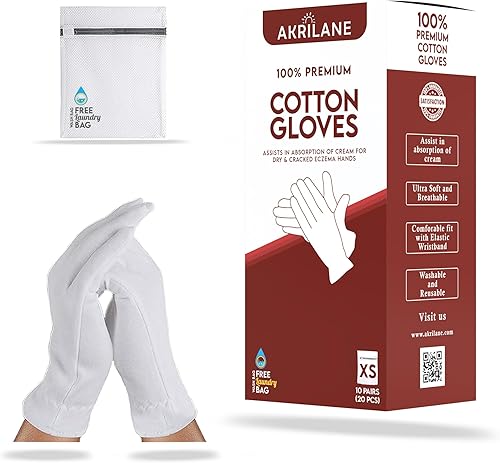 XS Extra Small 10 pares de guantes de algodón 100% premium para manos secas  Guantes hidratantes nocturnos para eczema, psoriasis y tratamiento de