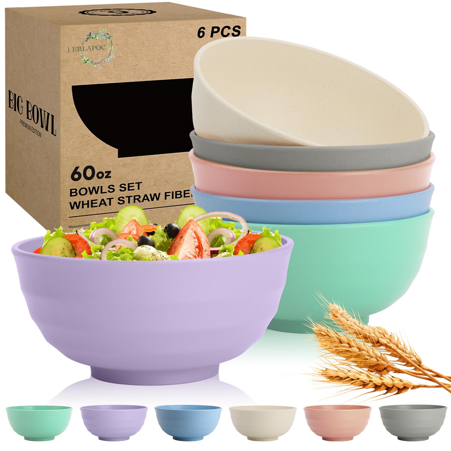 Large Serving Bowls Set of 6, 60 OZ Wheat Straw Bowls Unbreakable, Microwave Safe &amp; Dishwasher Safe, Perfect for Parties, Salads, Noddles, Cereal, Soup, Family Gatherings, Colorful