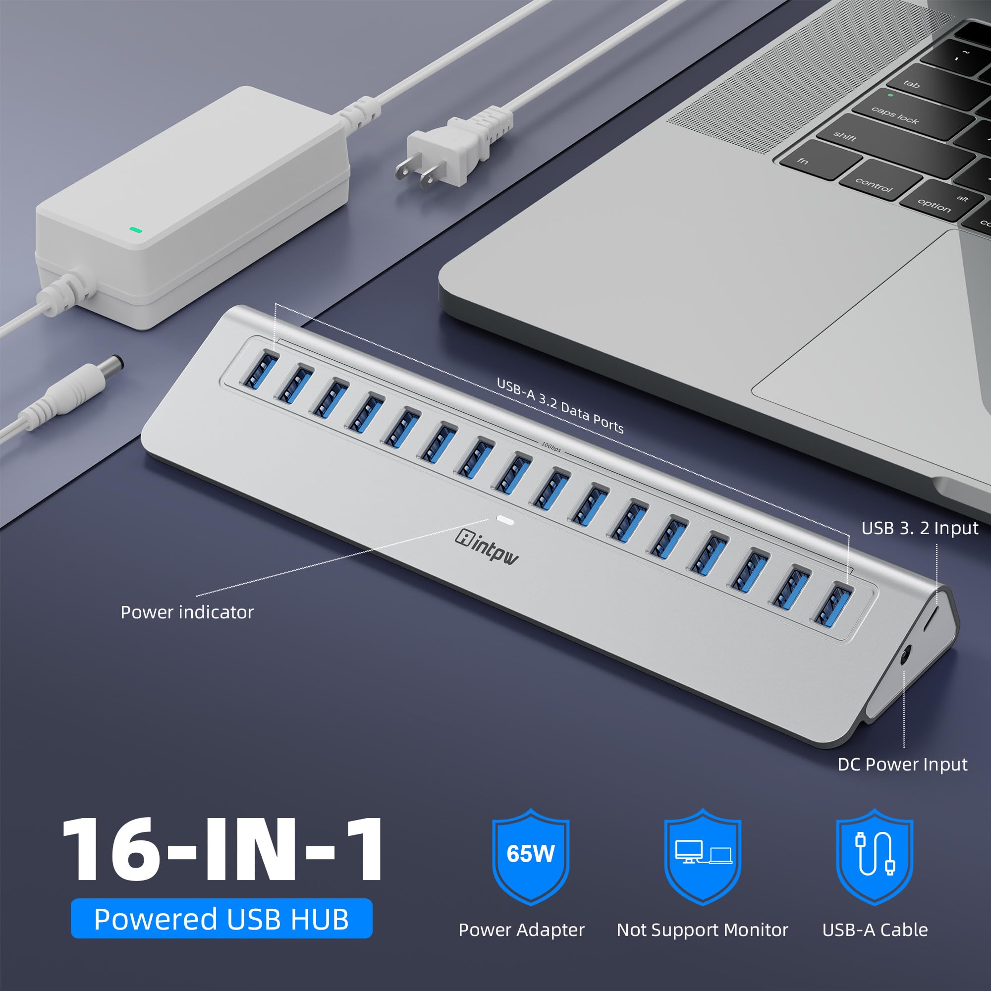 Hub USB alimenté 10 Gbit/s, concentrateur USB 3.2/USB A 16 ports intpw (16 x USB-A 3.2), hub USB alimenté avec adaptateur d'alimentation 65 W, câble de 90 cm, hub USB en aluminium pour PC/ordinateur