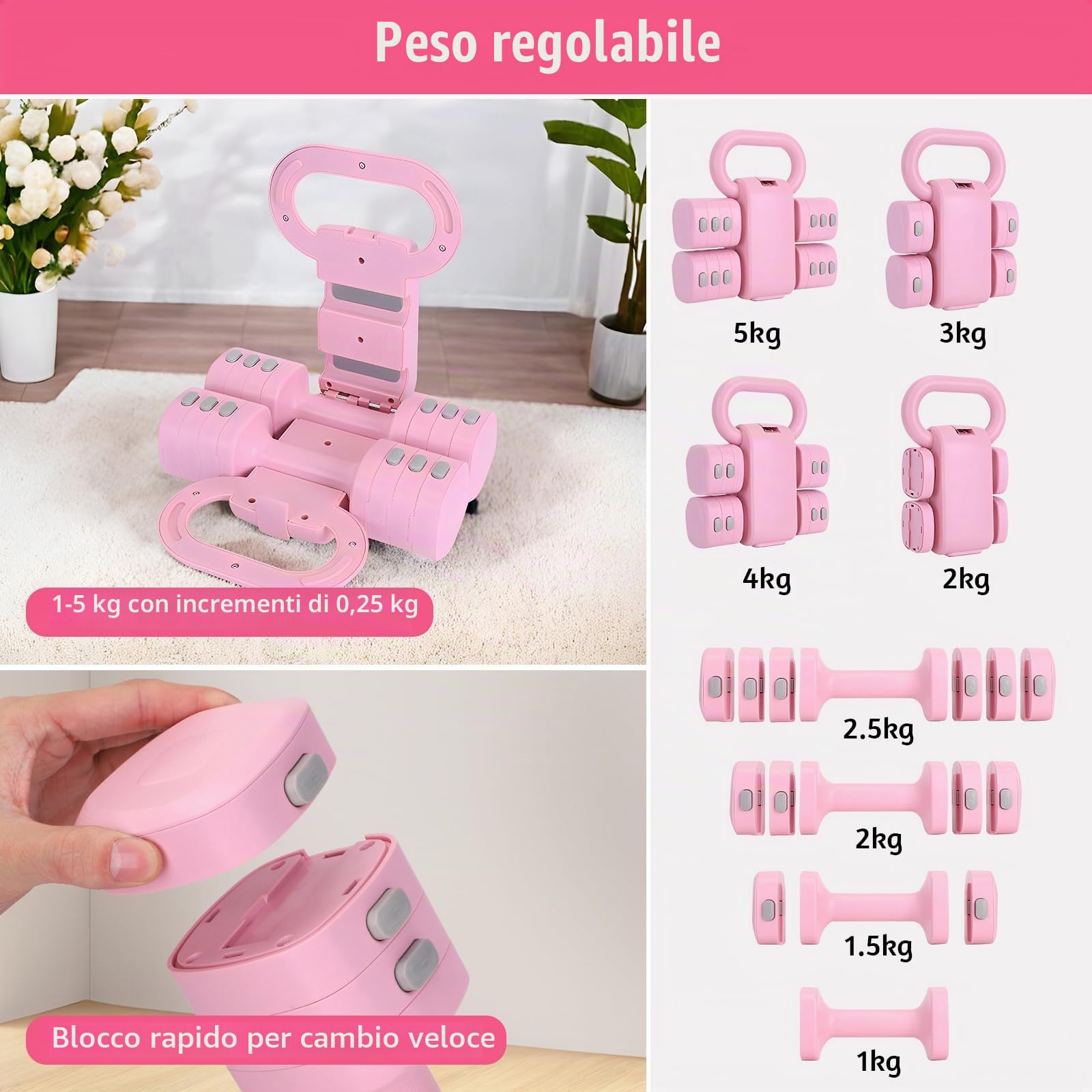 Set Kettlebell Regolabile, Pesetti Manubri Palestra per Donne, (2 in 1) Rosa Kettlebell Pesi Regolabili Manubri 1 kg per Donne – Kit Palestra Casa e Allenamento
