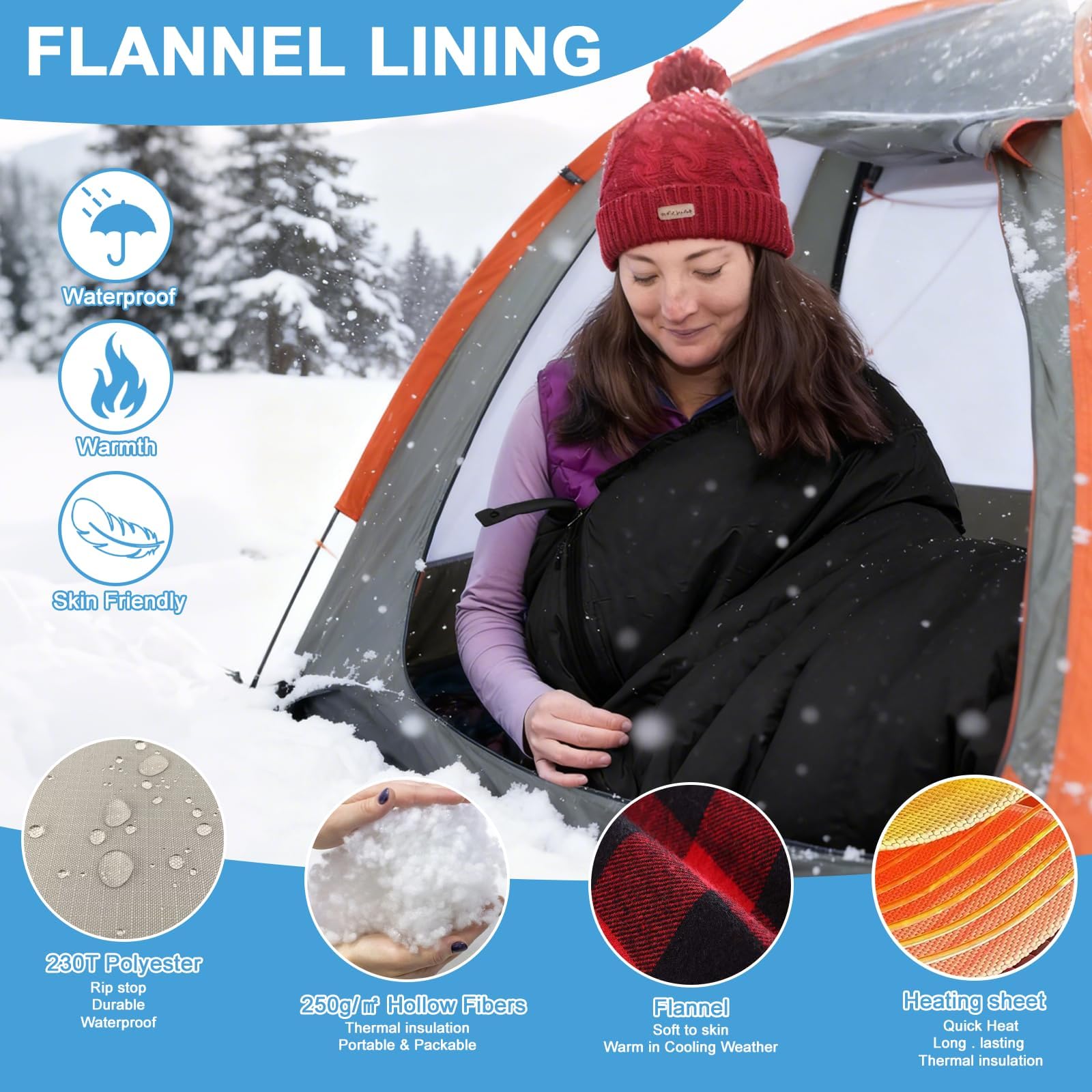 Saco de dormir con calefacción, almohadilla térmica eléctrica con 3 niveles de calefacción ajustables, almohadillas de calefacción alimentadas por USB, capucha ajustable, saco de dormir de camping de