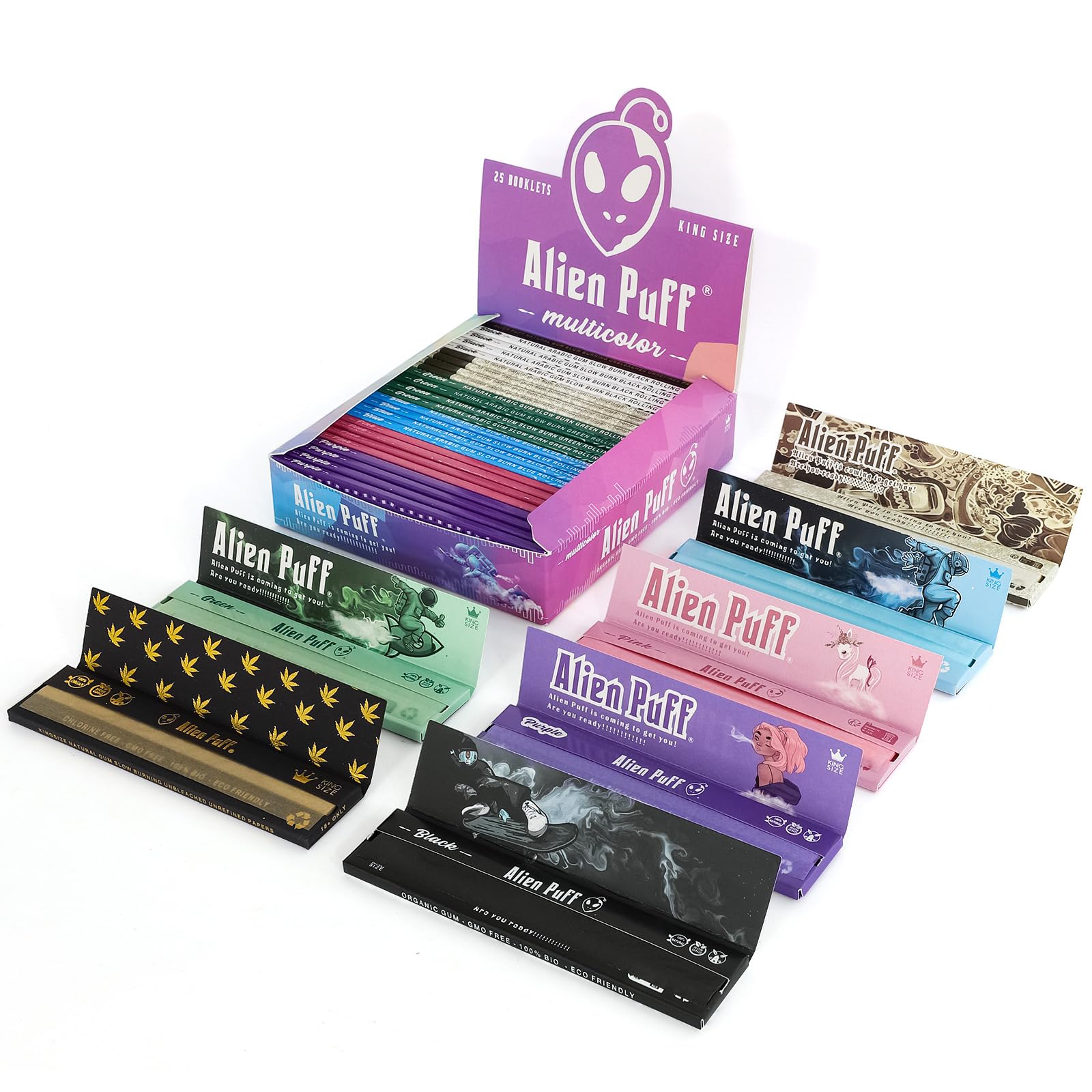 Alien Puff Rollenpapier, Color Rollenpapier 25 Packs King size long Zigarettenpapier mit tips 825 Blatt, 110mm rolling papers