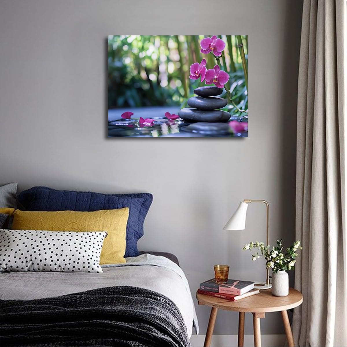 TOANGWALL Malarstwo Płótno Orchidea Fioletowy Ułożone Kamienie Zen Plakat Las Bambus Tropikalny Obraz Wellness Spa Wall Art Salon Sypialnia Łazienka Hotel Natura Spokój Dekoracja 70x85cm