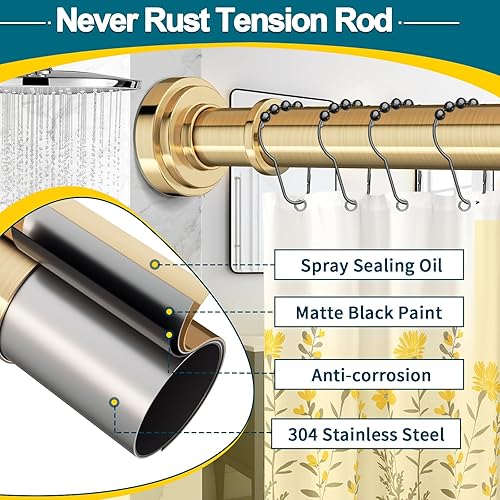 Miniatura 2 de Barra de cortina de ducha dorada de 36 a 68 pulgadas (3-5.6 pies), nunca se oxida, no se oxida, no perfora, barra de ducha de tensión de resorte,