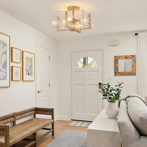 Miniatura 8 de Lámpara de techo de montaje empotrado dorada, 4 luces de latón vintage semiempotrado para pasillo, vestíbulo, moderna lámpara cuadrada de vidrio