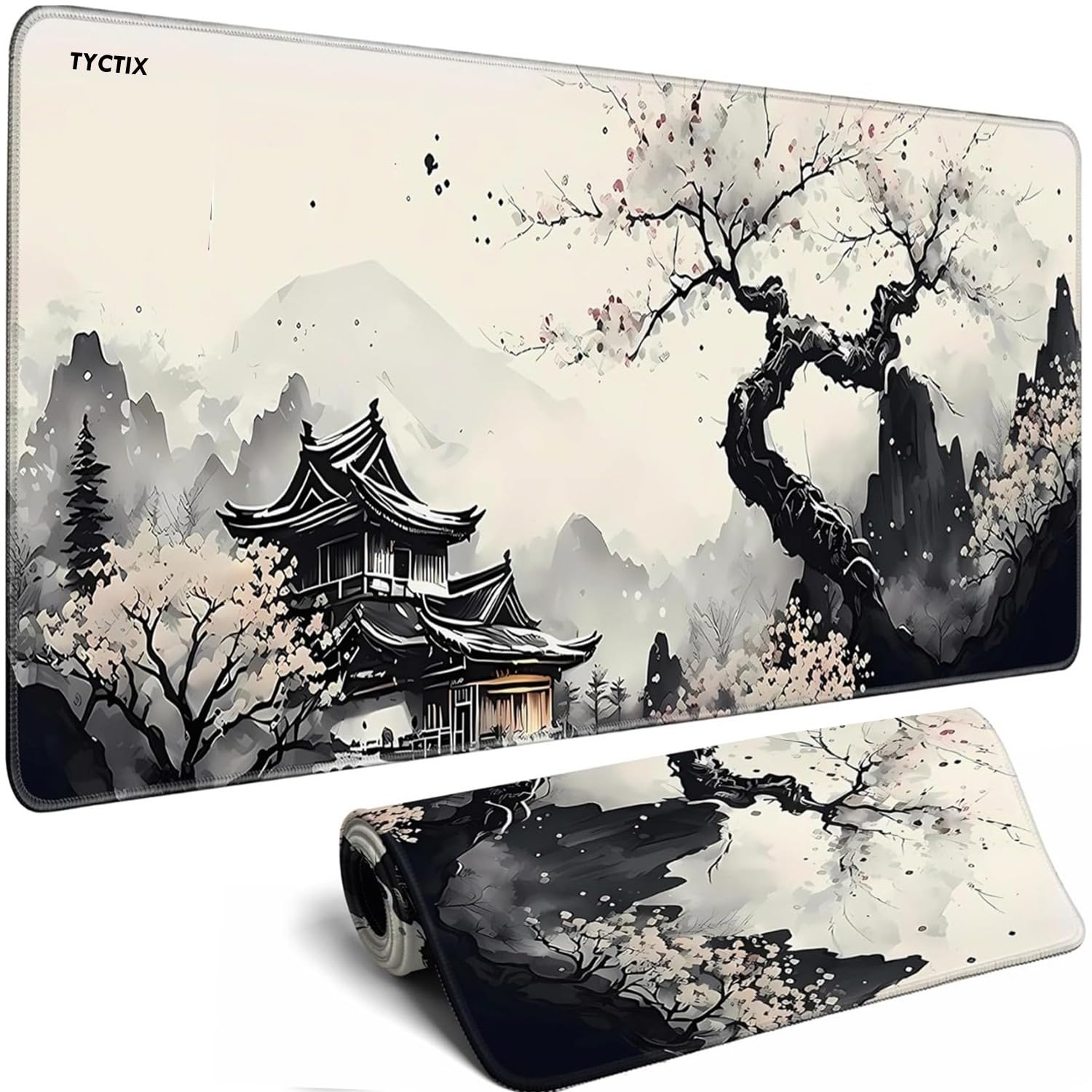 TYCTIX Large Gaming Mouse Pad 800x300, Stitched Edges, Smooth Cloth Surface, Non-Slip Rubber Base, Waterproof Mousepad 3MM Thick (Cherry Blossom)