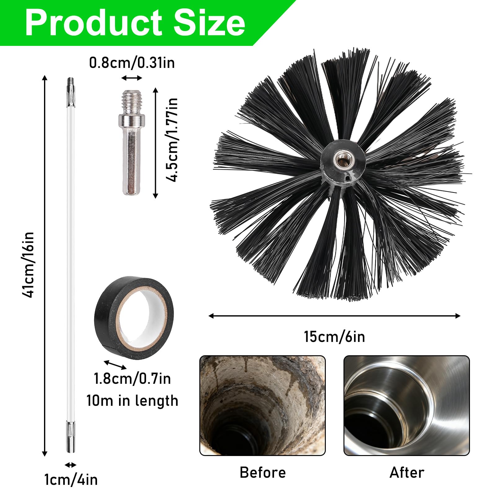 Zestaw 17 sztuk szczotek kominkowych, szczotka do czyszczenia rur piecowych, 12 elastycznych prętów 410 mm, 2 głowice szczotki 150 mm, 2 drążki sześciokątne i 1 taśma klejąca, do kominków, suszarek