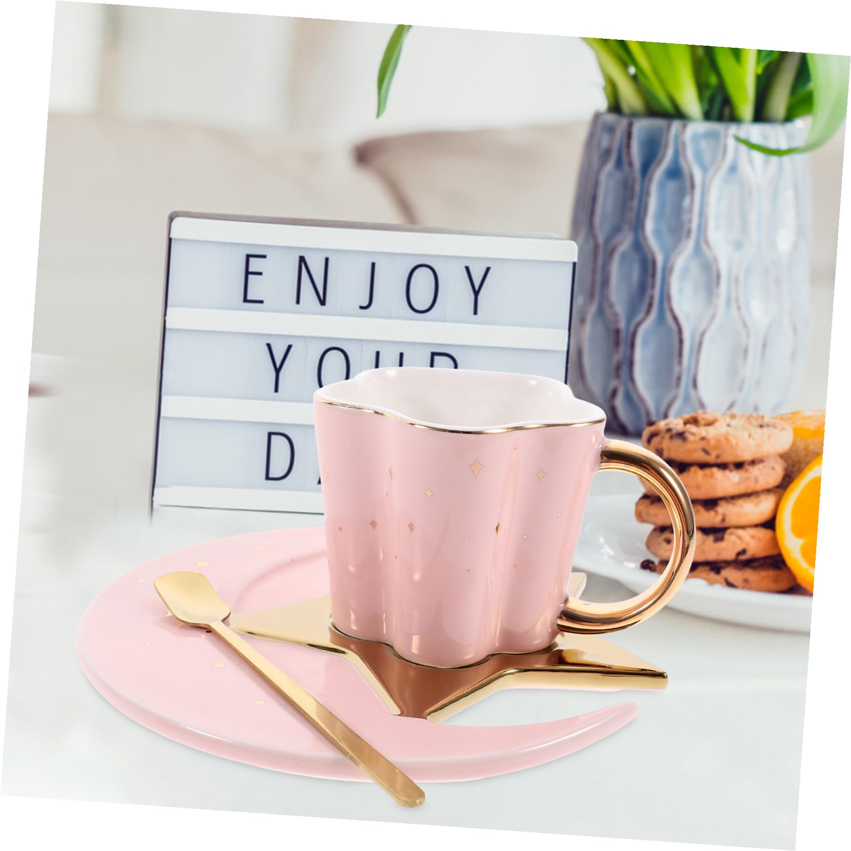 Tazza da Caffè in Ceramica 120ml con Cucchiaio e Piattino | Tazzine da Caffe Particolari, Set 1 Pezzo, Piattino a Forma di Luna e Stella, Colore Rosa
