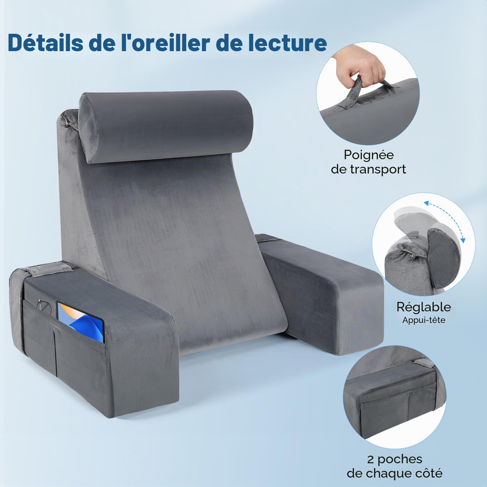 Coussin de lecture ergonomique avec appui-tête et accoudoirs amovibles, support dorsal pour lit, canapé, sol, réglable pour la lecture, le travail et la détente