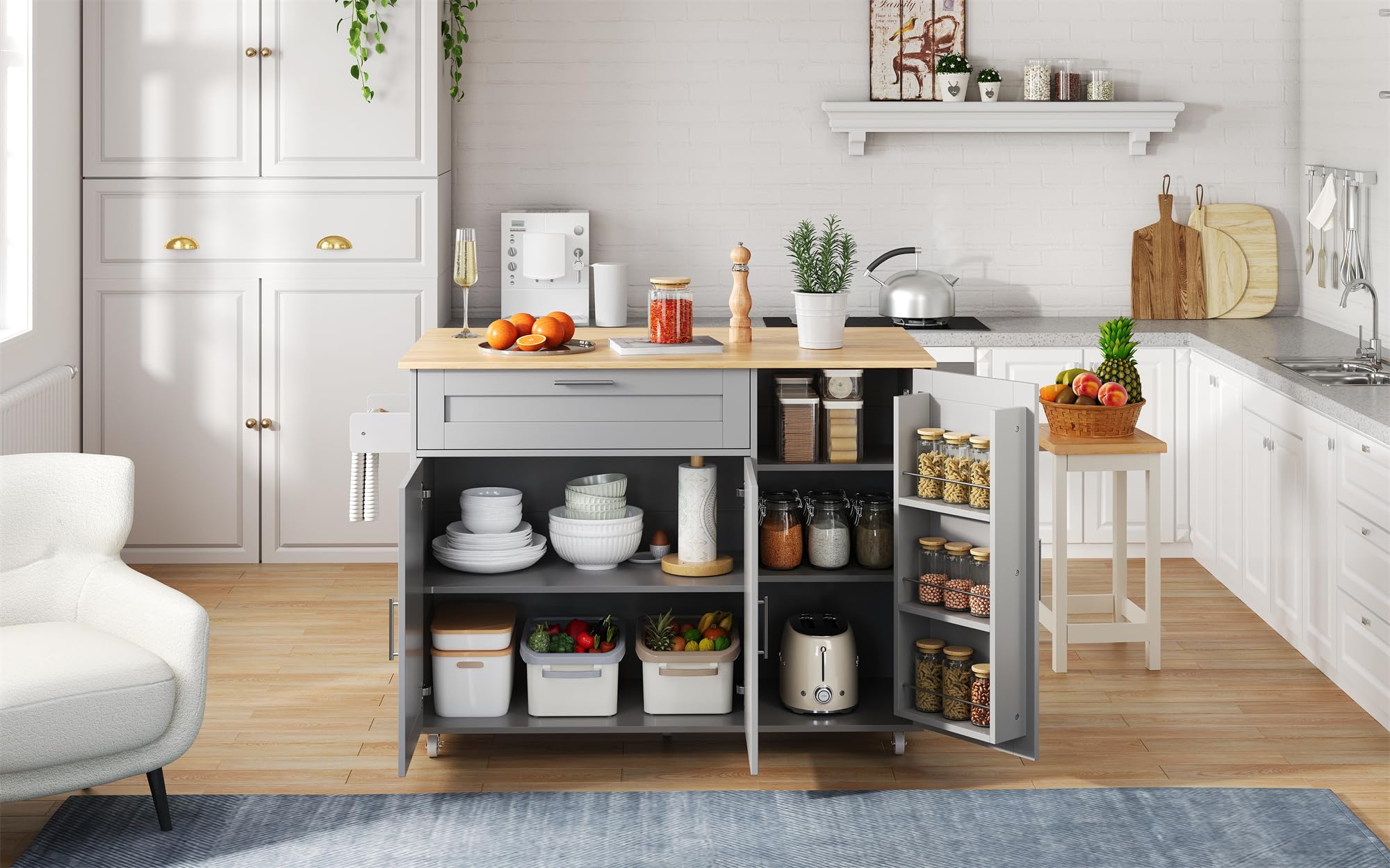 ilot Central Cuisine,desserte à roulettes Cuisine,Meubles de Cuisine avec Plan de Travail Rabattable,avec Espace de Rangement (Gris, 132.5x44x90cm)