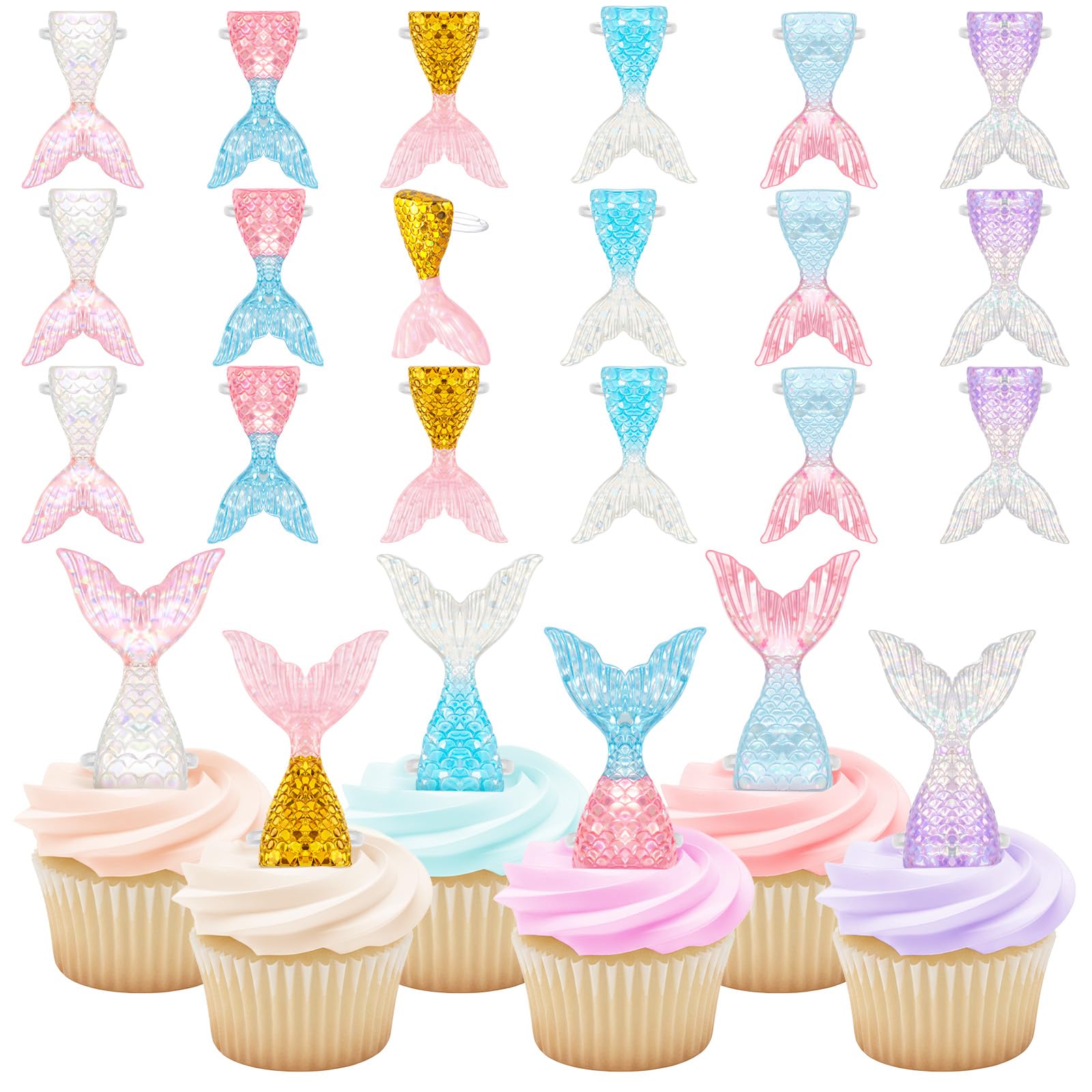 Kenning 48 Pcs Mermaid Cupcake Toppers Rings Glittering Resin Birthday