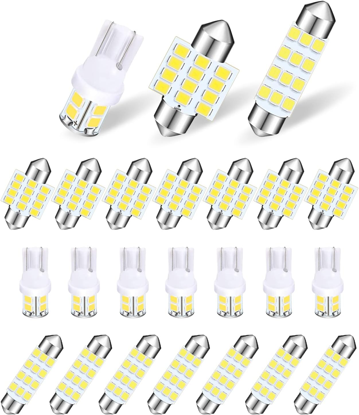 Pack-24 LED Car Bulb Kit, Car Interior Dome Light, T10 31 mm 42 mm Festoon Decorative Lights, Used for Indoor Map Dome Lights, License Lights, Trunk Lights (White)