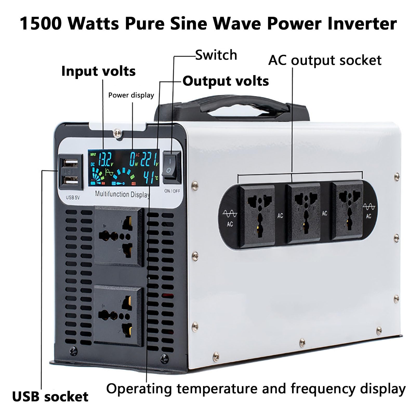 Przetwornica Napięcia O Mocy 1500 W Z Czystą Falą Sinusoidalną 12/24 V/48 V/60 V/72 V Dc Na 110 V/220 V Ac Dla Domu/kampera/ciężarówki Off-grid Inwerter Energii Słonecznej Z Usb, 5 Gnia(Size:72V-110V)