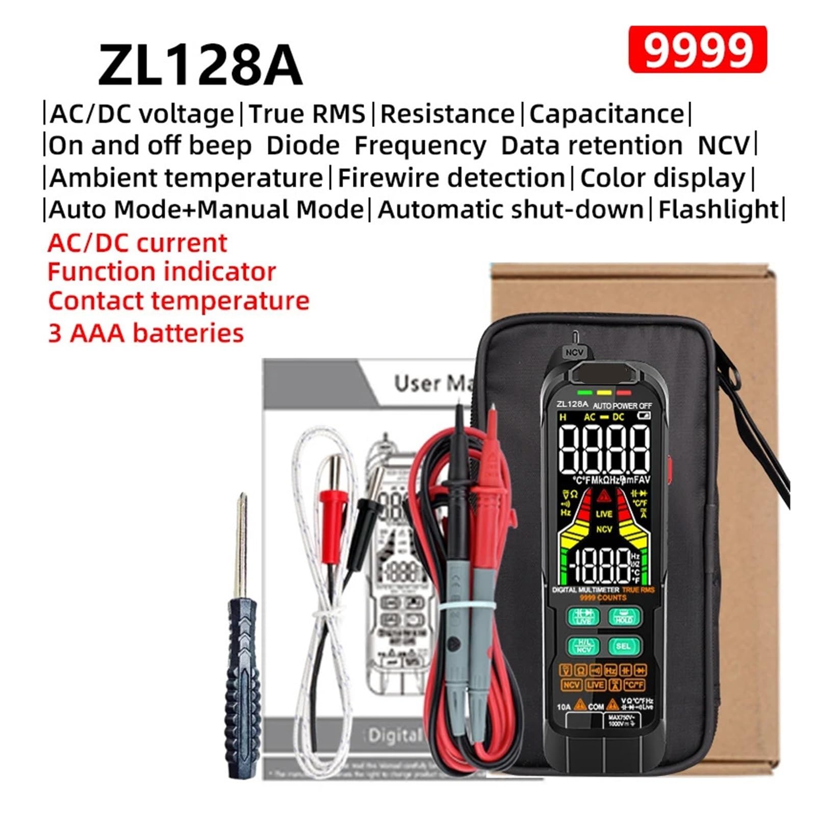 Multimetr cyfrowy 9999 punktów, kolorowy wyświetlacz T-RMS, tester napięcia DC/CA, test pojemności, test diod, test NCV/Hz, tester drutu pod napięciem (liczba ZL128A 9999)