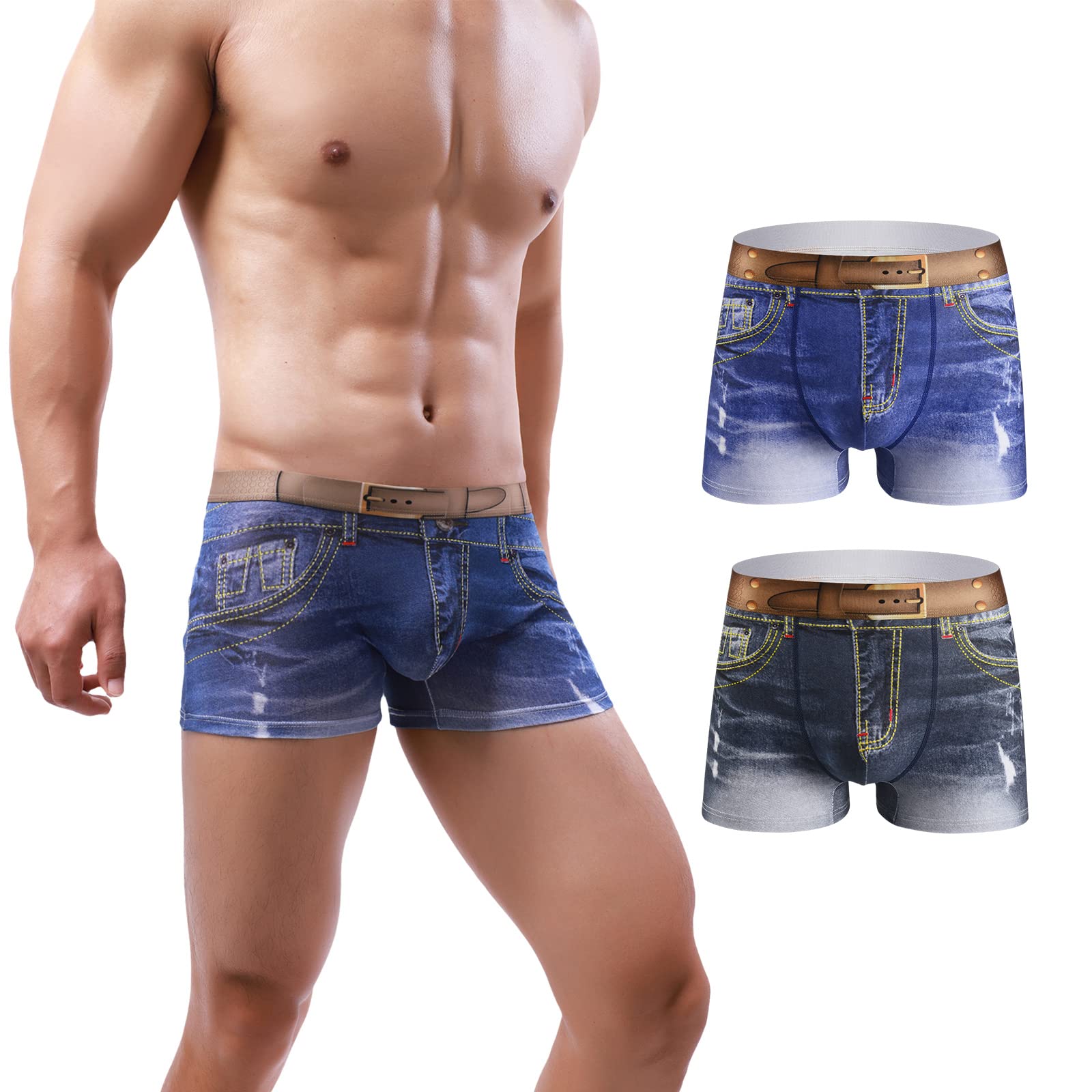 MeshalMen's Cotton Sexy Fake Jean Underwear Stretch 3D Denim Printed Personalized Boxer Briefs