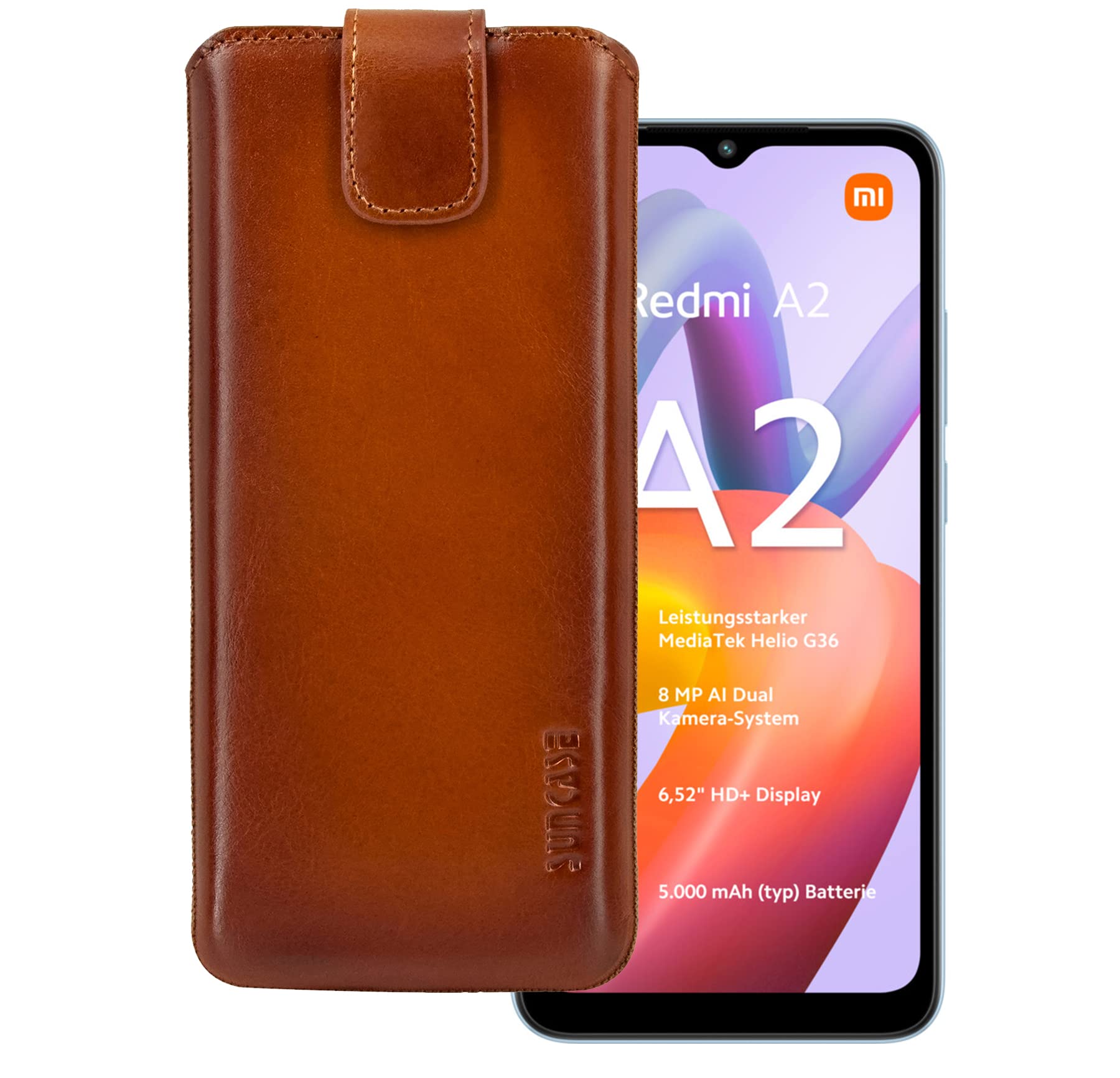 Suncase Genuine Leather Case *Slim Edition* Compatible with Xiaomi Redmi A2 (with Pull-Up Strap and Magnetic Closure) in Burned Cognac