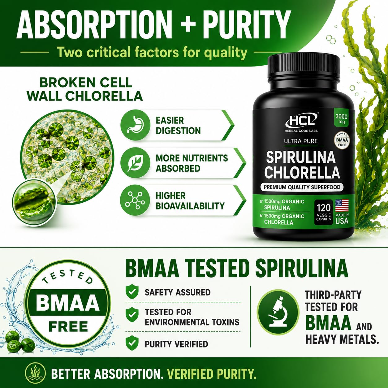 Chlorella Spirulina Powder Capsules 3000 mg of BMAA Free Purest Blue Green Algae - Best Natural Detox Raw Vegan Vitamins Protein Green Superfood - Made in USA — Amazon image 4