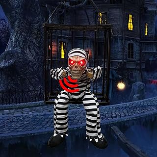 Scary Skeleton Halloween Decorations with Motion Sensor, Electric Screaming Skull Cage Prisoner Toy, Spooky Hanging Ghost for Party Decor Indoor Outdoor