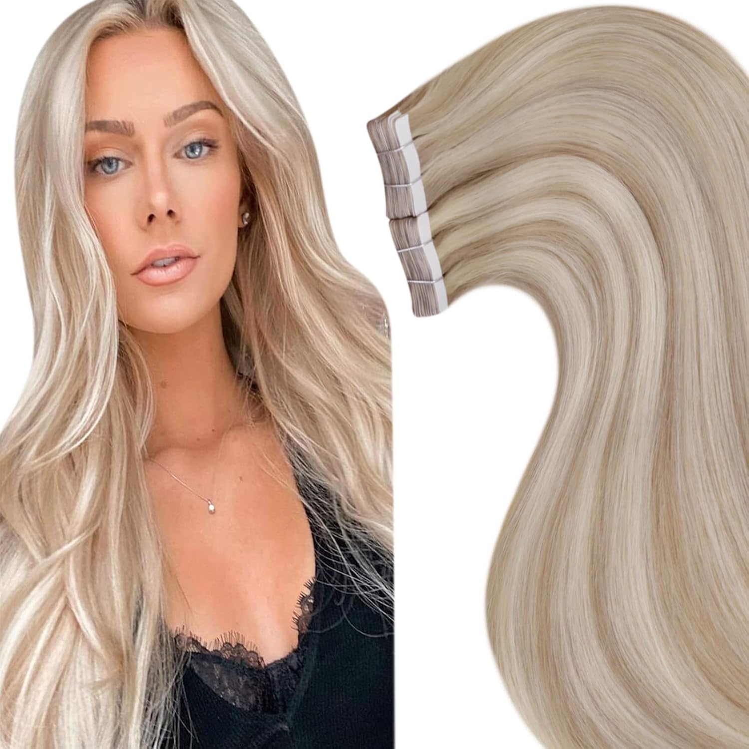 LAAVOO Blonde Hair Extensions Tape in Human Hair Highlights Ash Blonde with Bleach