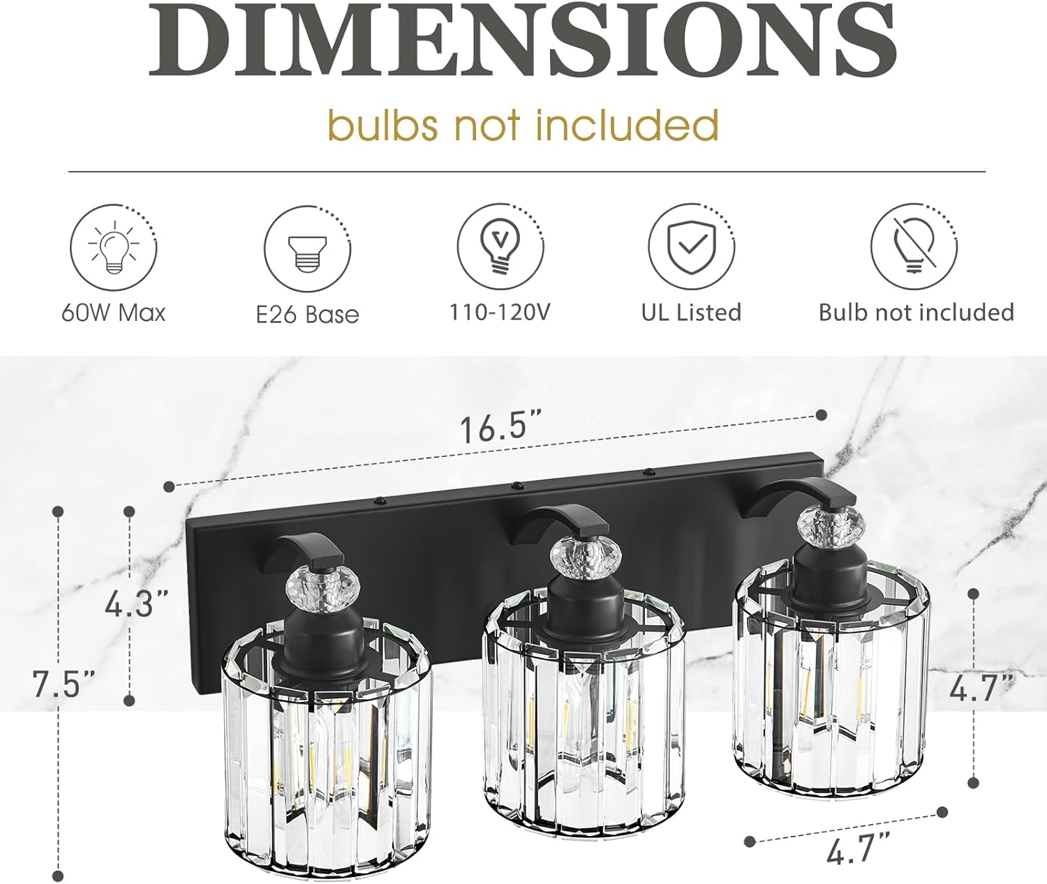 3-Light Black Bathroom Light Fixture Modern Vanity Lights Over Mirror Vintage Wall Sconce Lighting for Bathroom, Bedroom, Living Room, Hallway E26 Base with Crystal Bathroom Vanity Light