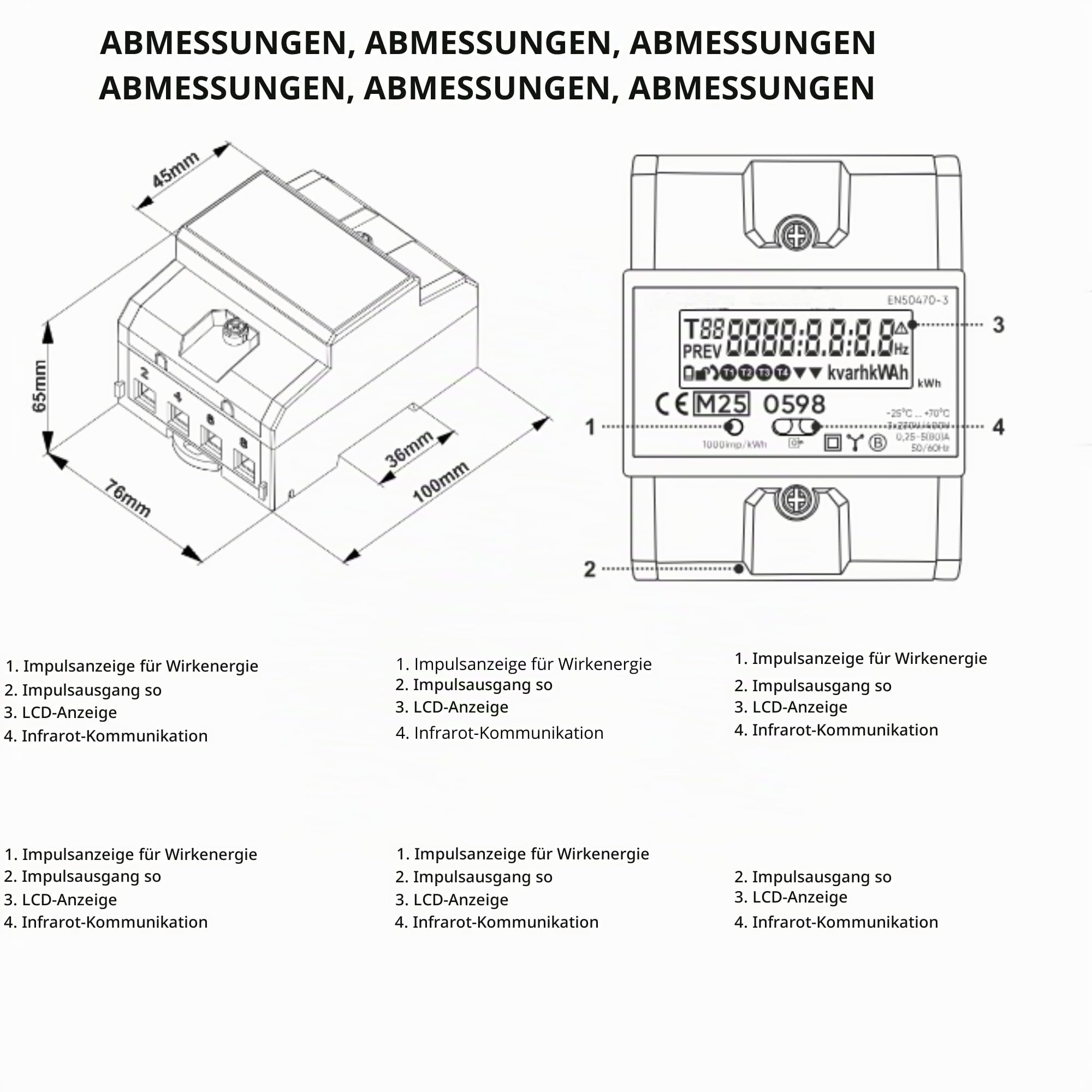 Stromzähler Hutschiene 3 phasen 80A MID 3 Module DIN TH-35mm
