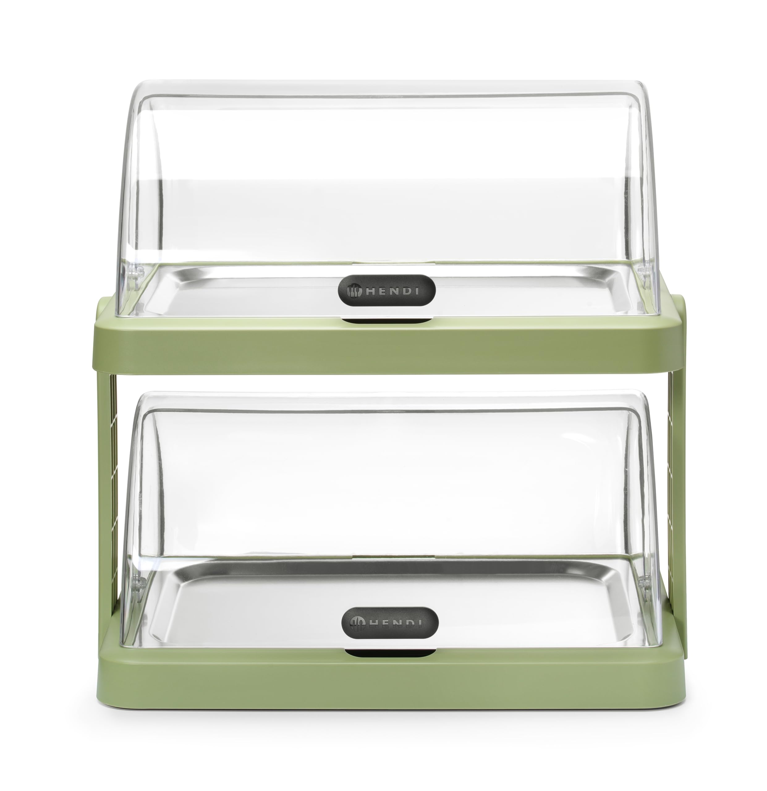 HENDI Vitrine réfrigérée double de présentation Duo UNIQ, Vert | ABS et PET transparent, 2 couvercles coulissants roll-top, 2 plateaux inox 40x30cm, 4 accumulateurs de froid,480x355x(H)480mm