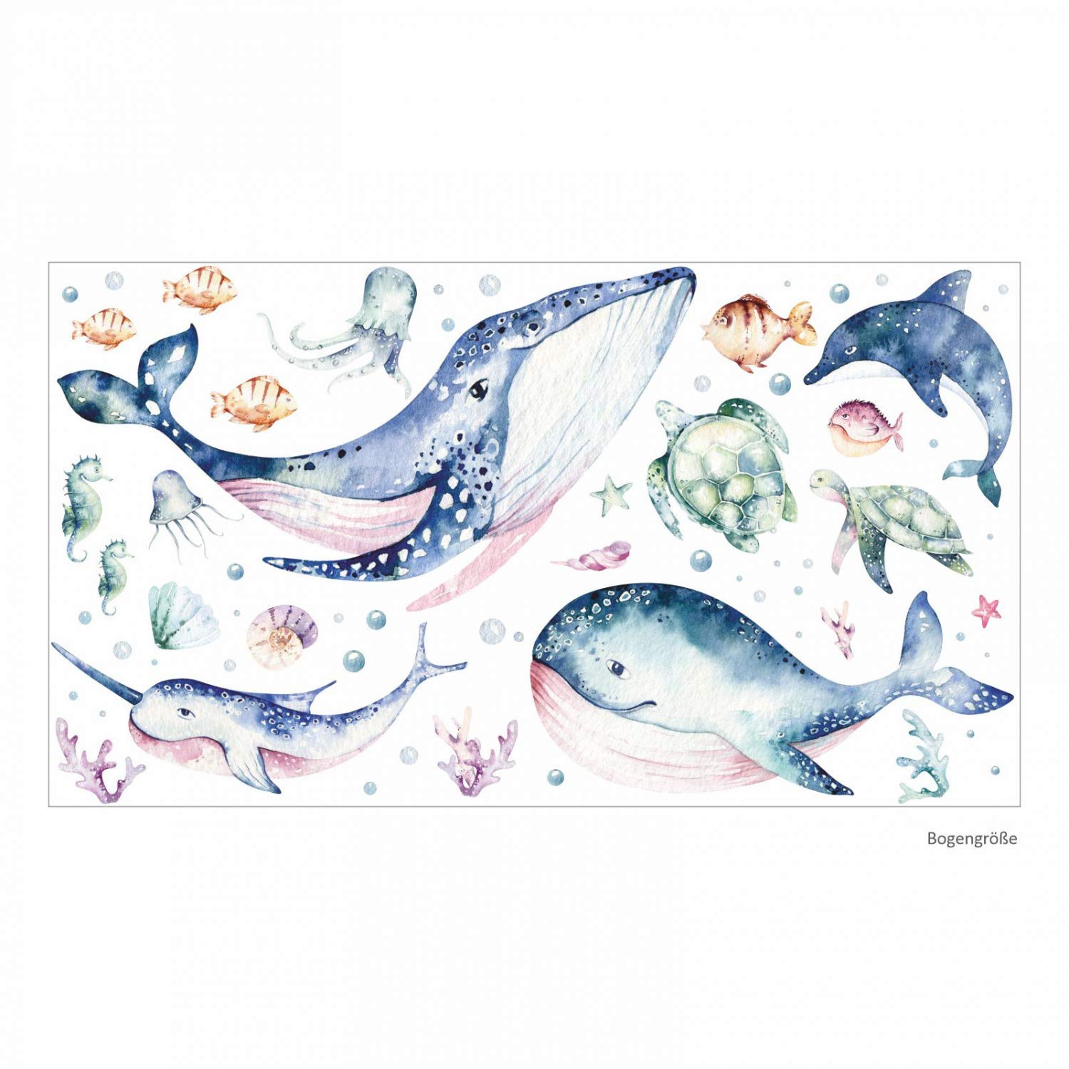 205 Wandtattoo Meerestiere Aquarell - Wal Delfin Schildkröten Größe 1250 x 700 mm - in 6 Größen - Kinderzimmer Sticker Wandaufkleber Wandsticker Wanddeko Wandbild