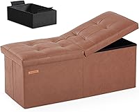 HAUSFRAU 31.5" Folding Storage Ottoman Bench with Flipping Lid - Faux Leather Footrest Stool for Bedroom, Retro Brown